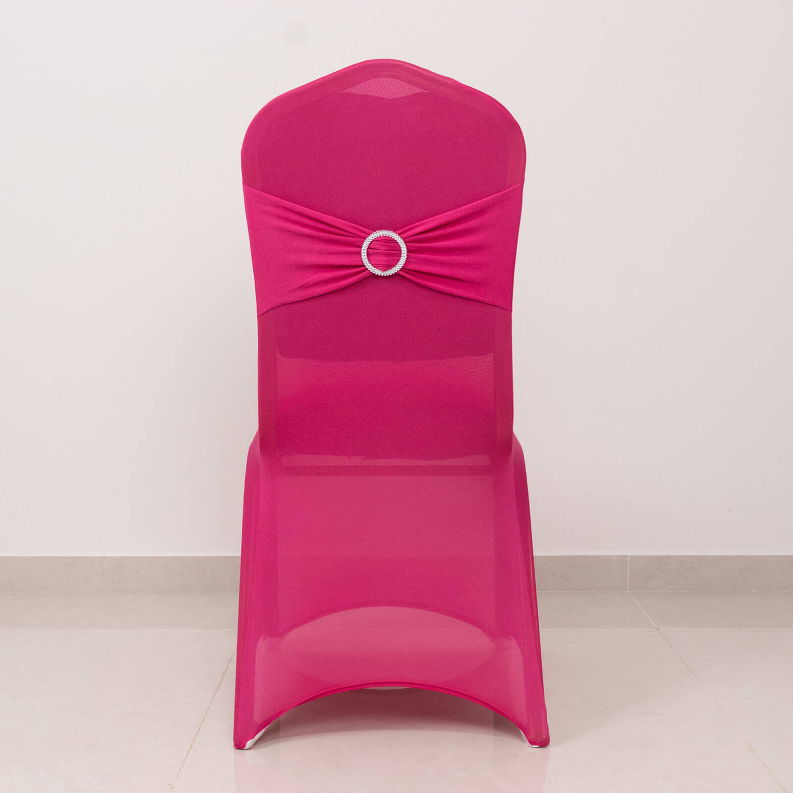 Spandex Chair Cover with Fuchsia Rhinestone Buckled Sash Band Blush - Stretch Fitted Slipcover