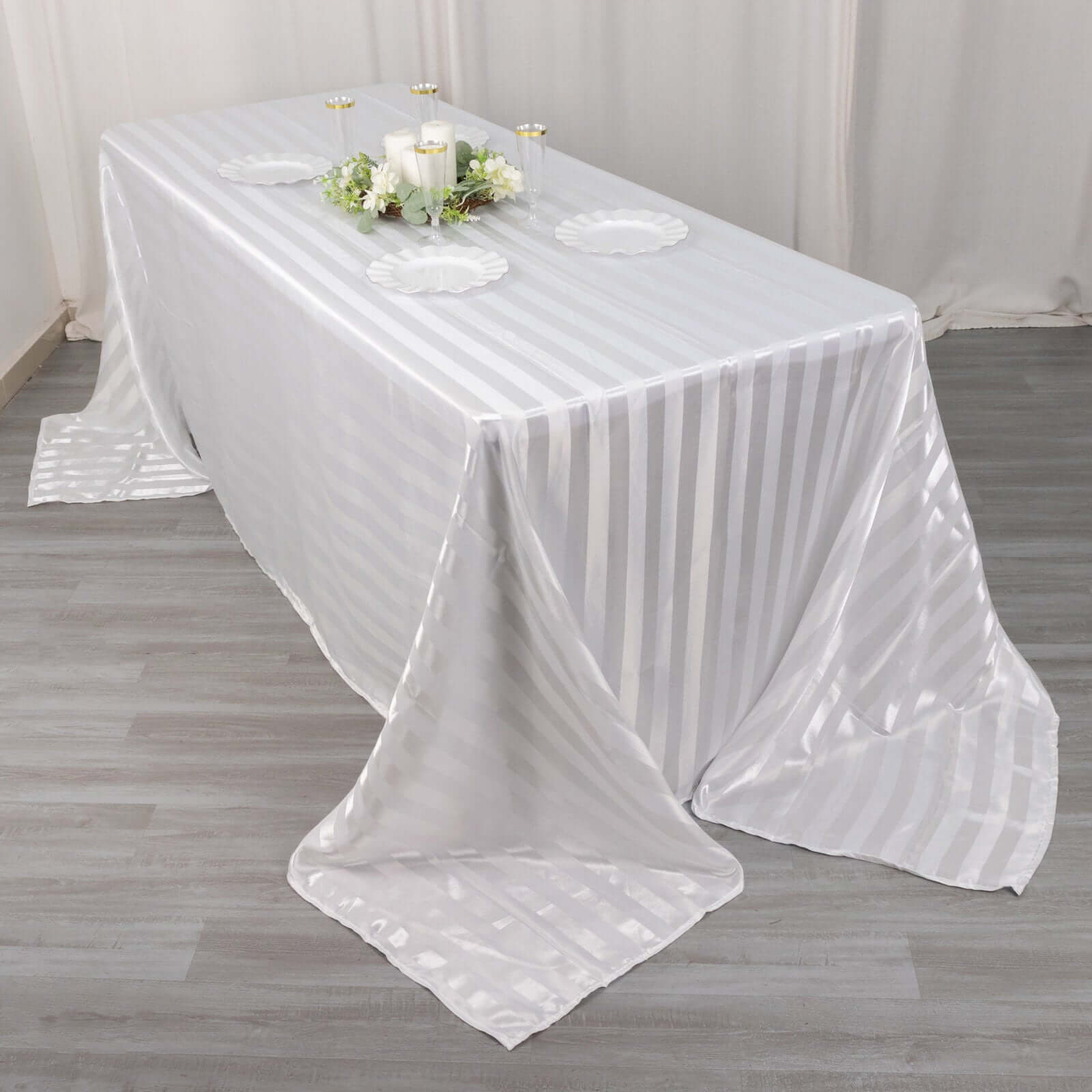 Satin Striped 90x132 Rectangular Tablecloth White Satin Stripe - Seamless Silky Smooth Wedding Decor