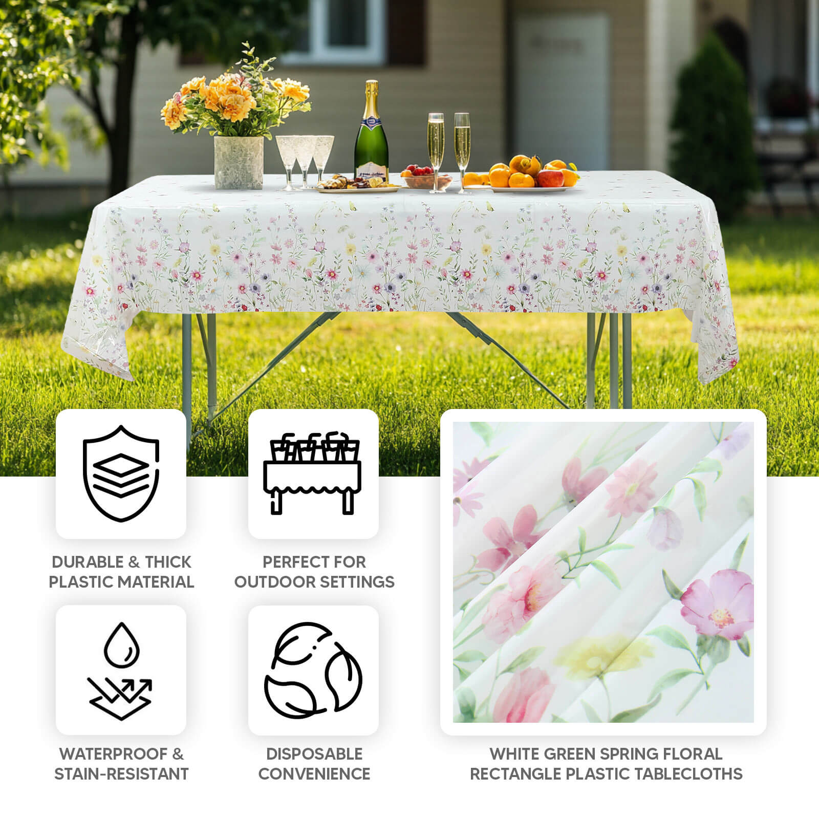 5-Pack Plastic Tablecloths White/Green Spring Floral Rectangle with Wild Flowers Butterfly Print - Durable PVC Disposable Table Covers 54x108