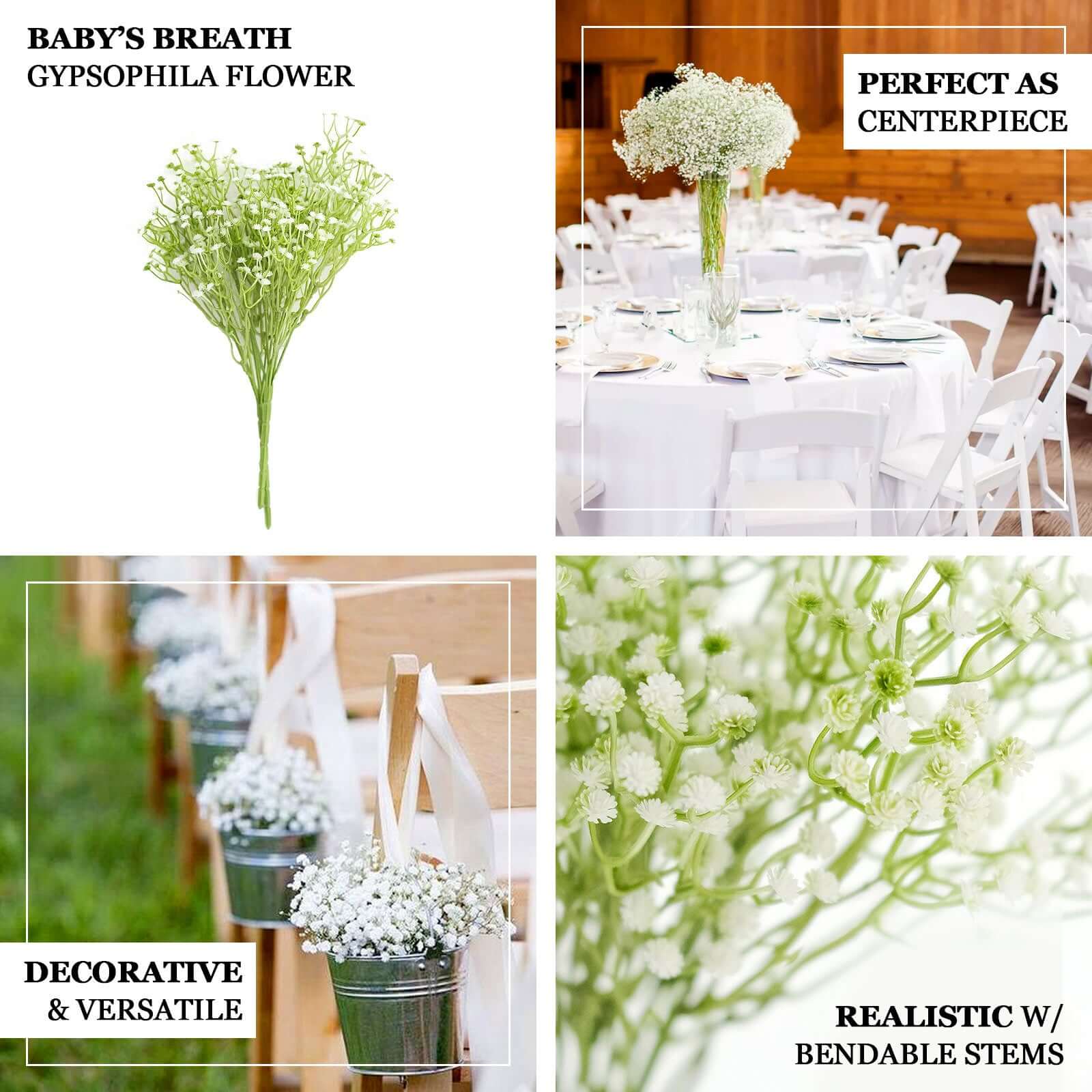 3 Bushes White 14 Artificial Baby’s Breath Gypsophila Flower Arrangements, Real Touch Indoor Faux Floral Bouquets