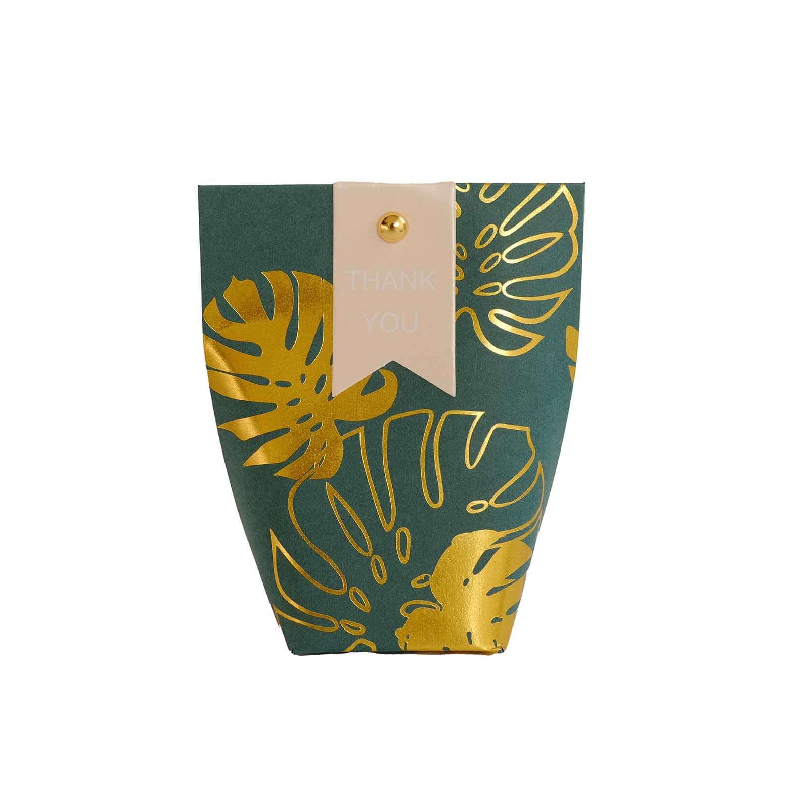 25 Pack Hunter Emerald Green Paper Pouch Candy Gift Bags With Gold Monstera Leaves Print, Party Favor Boxes with Pin and Tags - 4.5x4