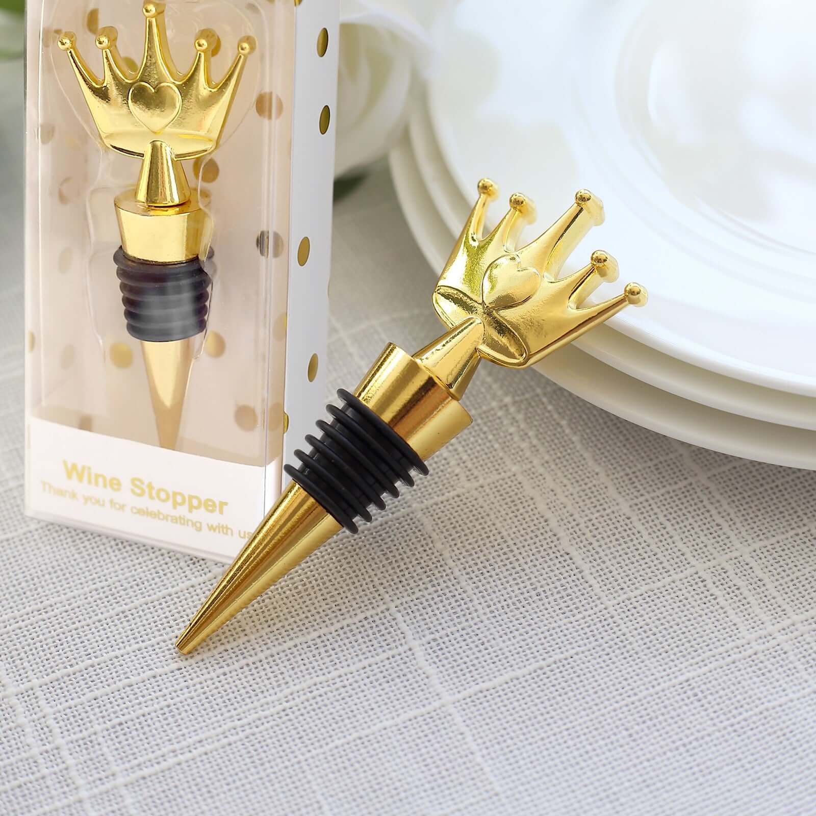 4 Gold Metal Princess Crown Wine Bottle Stopper Party Favor with Clear Gift Box, Thank You Tag and Ribbon