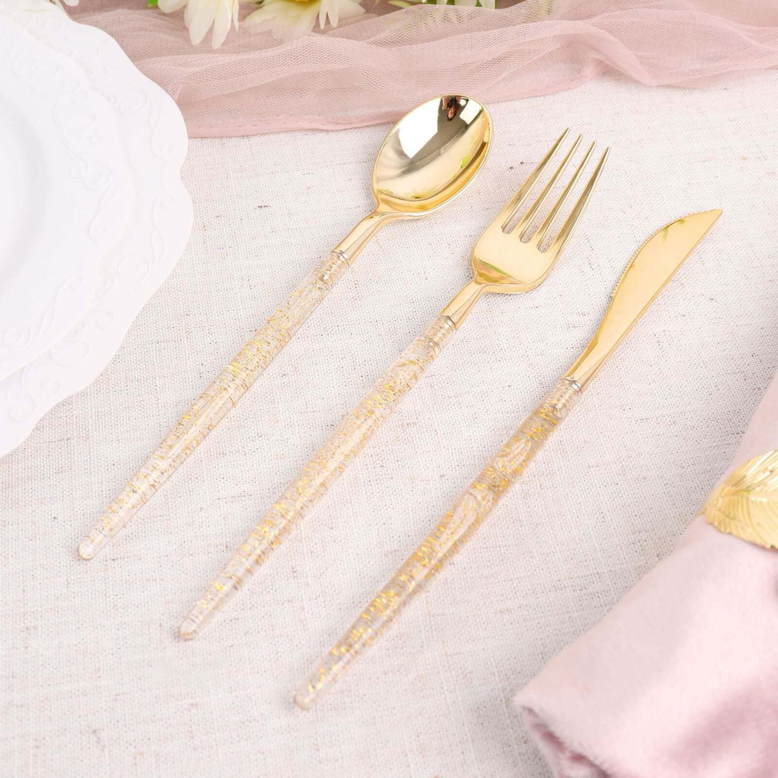 24-Pack Plastic Cutlery Set Metallic Gold with Gold Glitter - Stylish Disposable Silverware-Pack 8