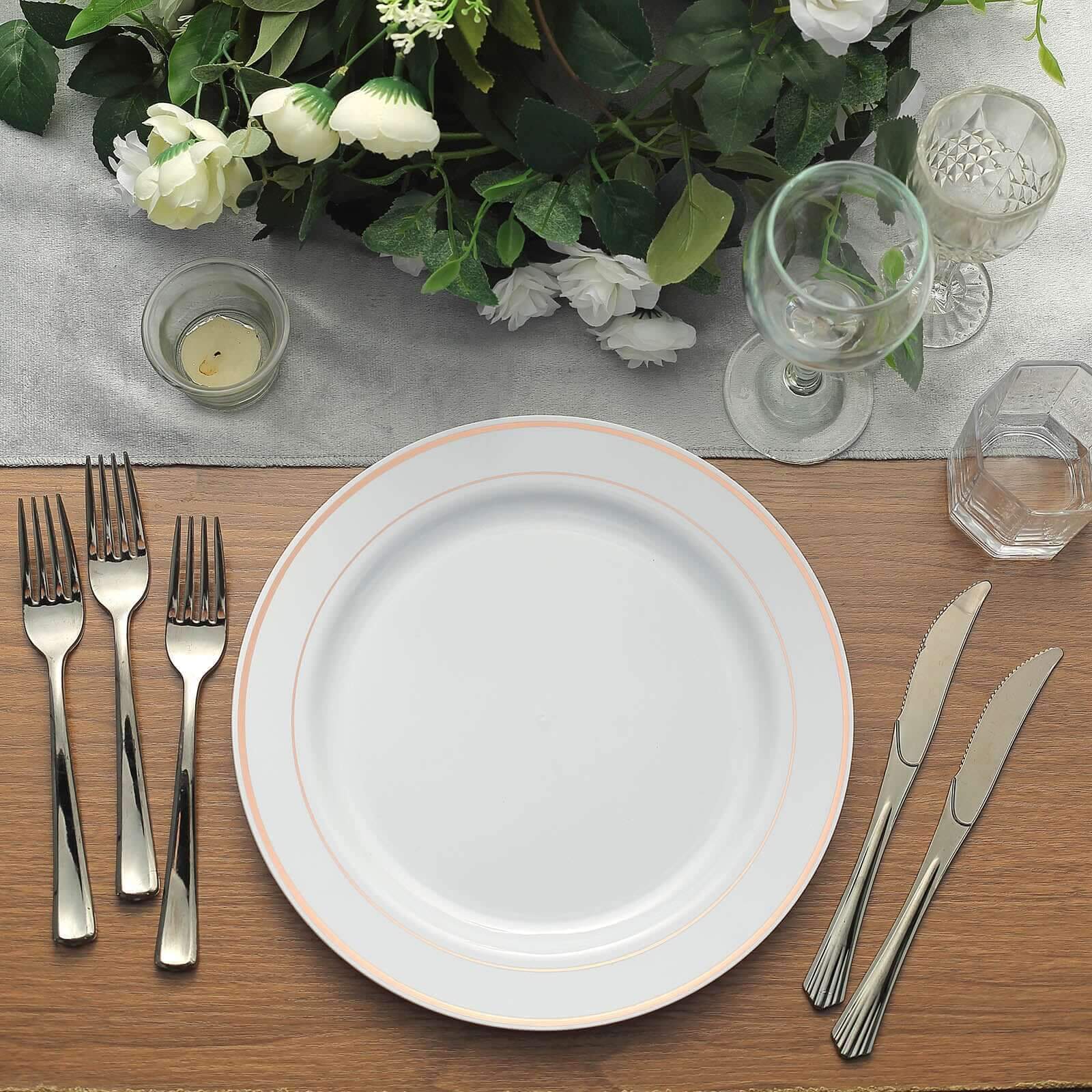 10-Pack Plastic Dinner Plates White with Très Chic Rose Gold Rim - Perfect Disposable Party Plates 10