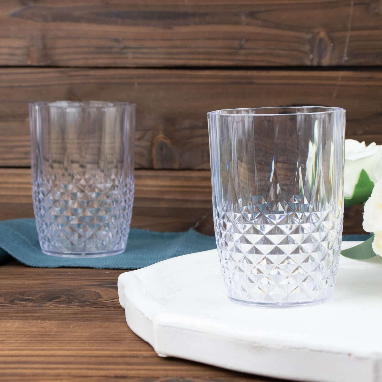 6-Pack Plastic Short Tumblers Clear Crystal Cut Style - Reusable All-Purpose Glasses 16oz