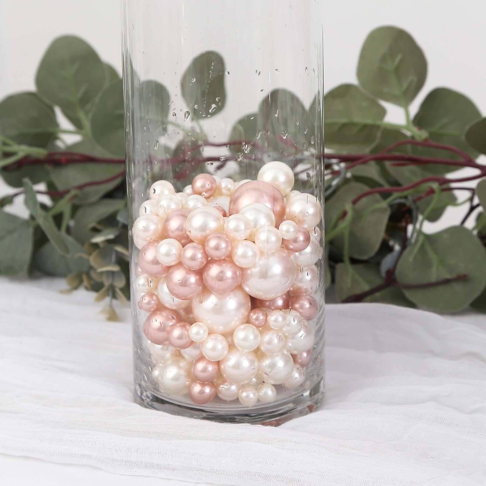 200Pcs Assorted Pearl Beads Vase Fillers in Rose Gold and Off White - Lustrous DIY Craft Bead Set