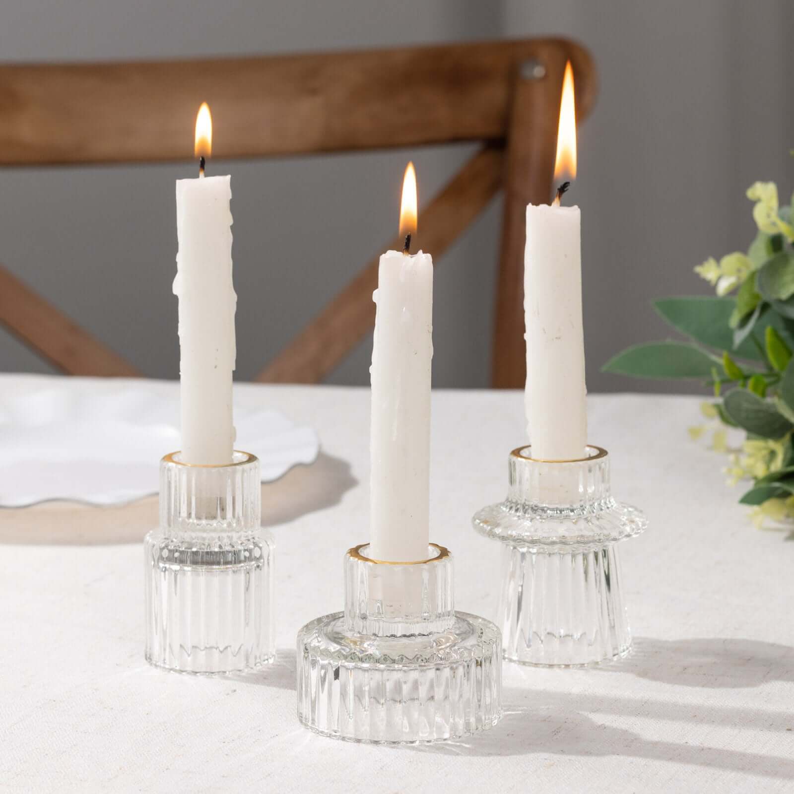 Set of 6 Glass Taper Candle Holders Ribbed Crystal Design with Gold Rim Clear - Reversible Mini Votive Tealight Stands 3