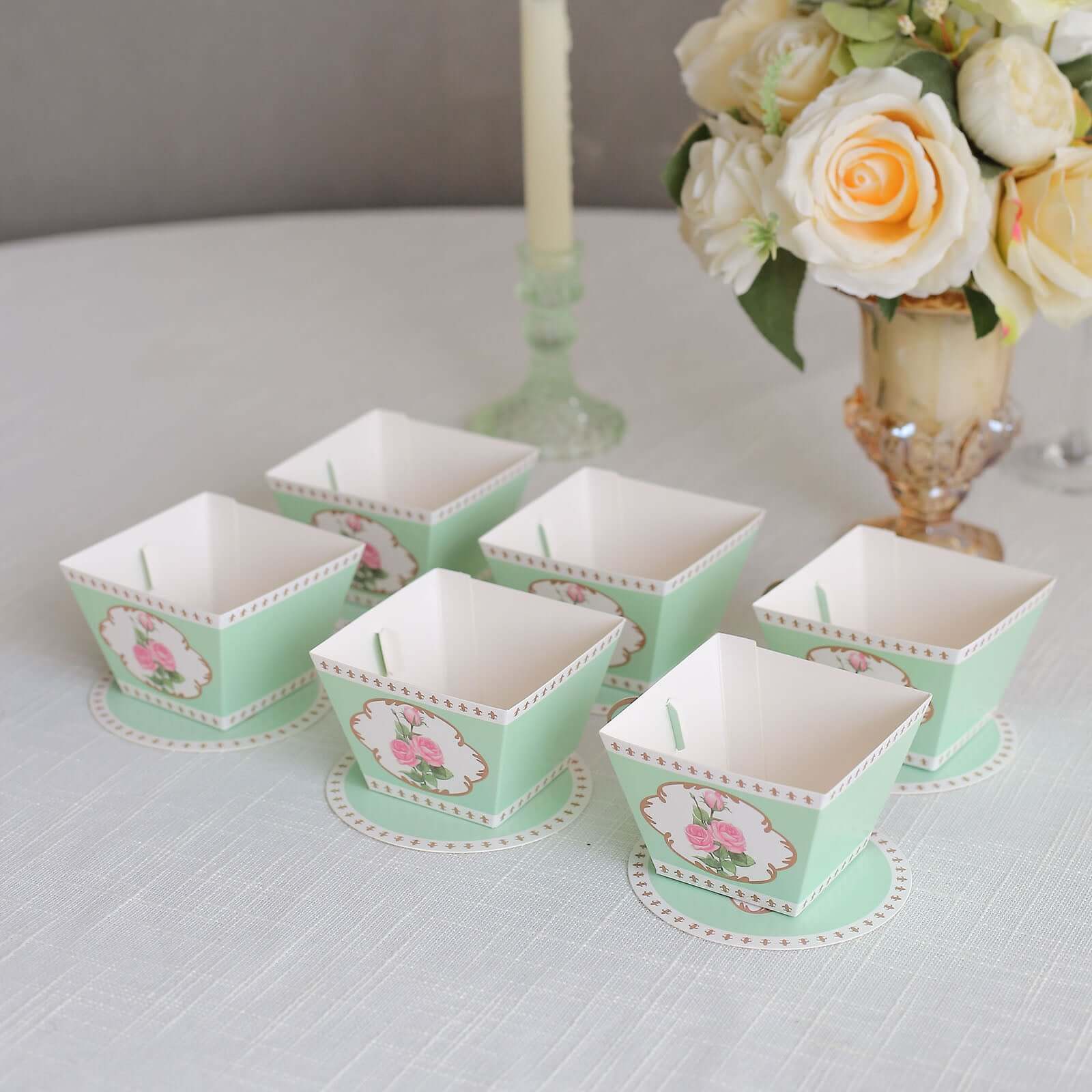 25 Pack Turquoise Mini Teacup and Saucer Party Favor Boxes with Rose Floral Print, Tea Time Candy Boxes - 4x3