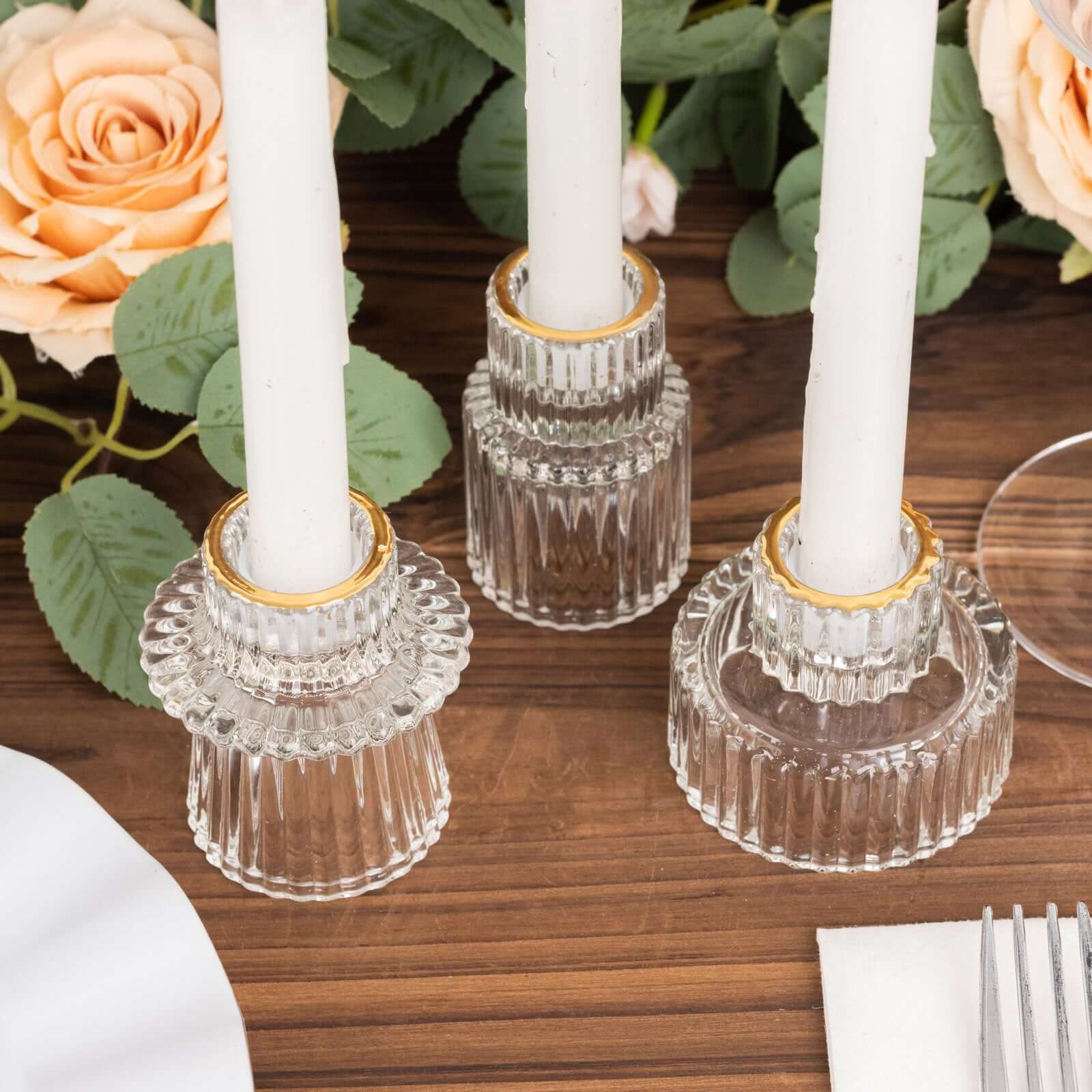 Set of 6 Glass Taper Candle Holders Ribbed Crystal Design with Gold Rim Clear - Reversible Mini Votive Tealight Stands 3