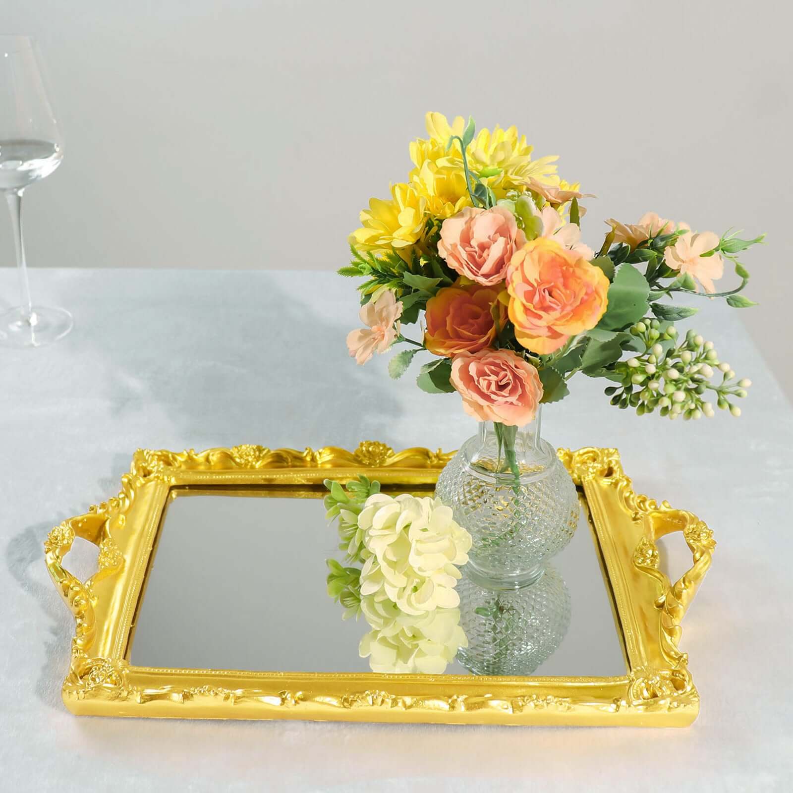 Resin Mirrored Rectangle Serving Tray 15x10 in Metallic Gold with Baroque Design, Stylish Decorative Vanity Tray Centerpiece