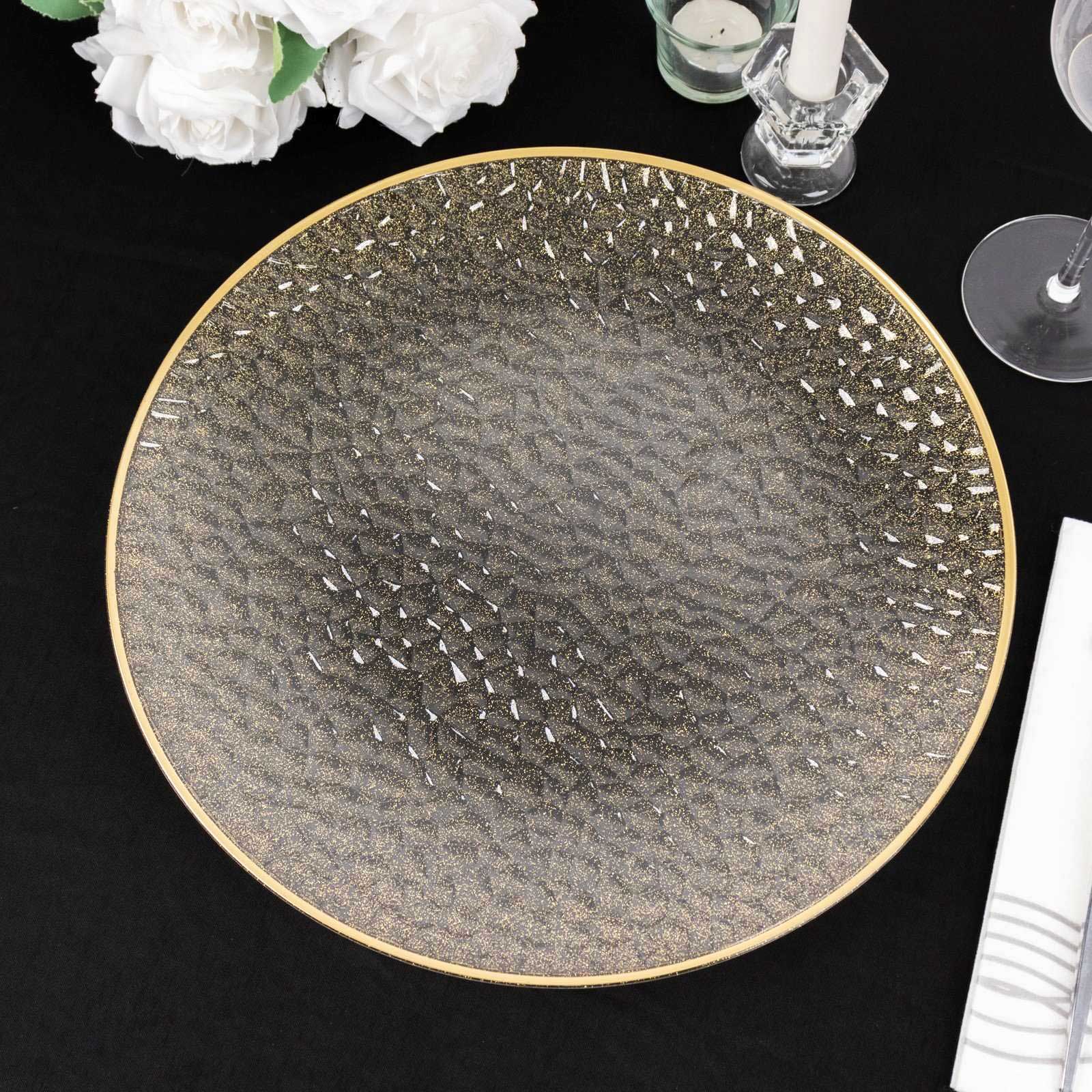 10-Pack Economy Plastic Round Charger Plates 13 in Clear Hammered Design with Glittered Gold Rim - Decorative Dinner Party Serving Plates