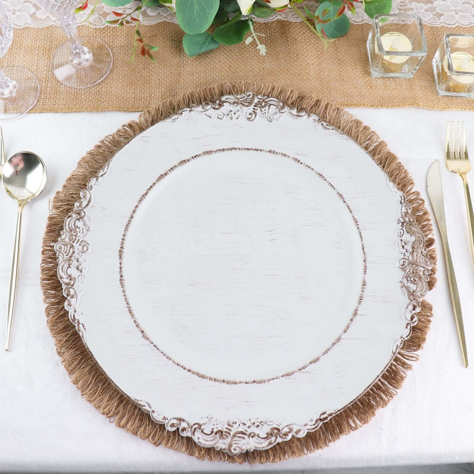 4-Pack Placemats Fringed Edge Design Natural Rustic Burlap Jute Round - Farmhouse Style Table Mats with Trim 15