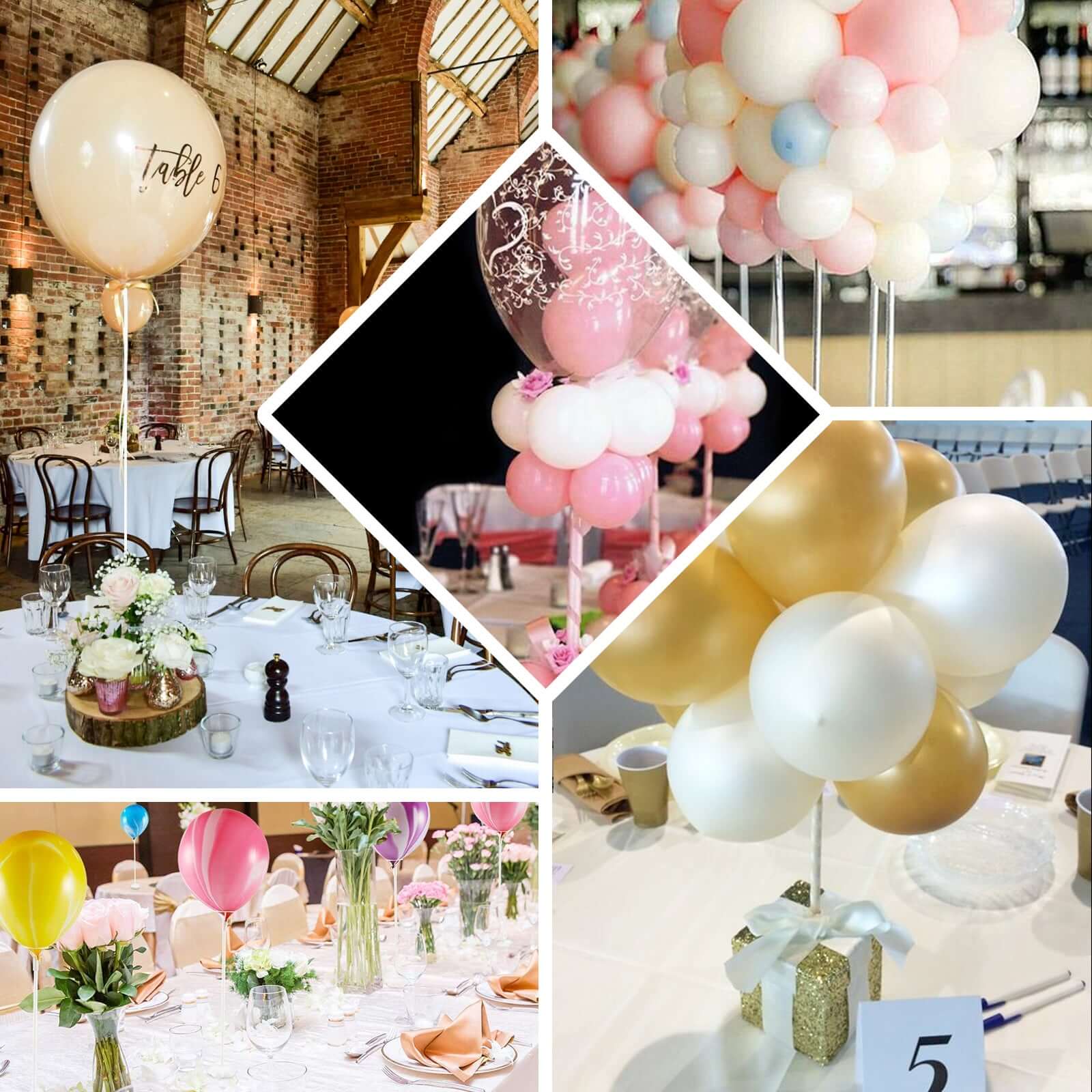 5 Pack White Balloon Centerpieces Holder with Floral Base, Table Top Balloon Stand Stick Kit - 17