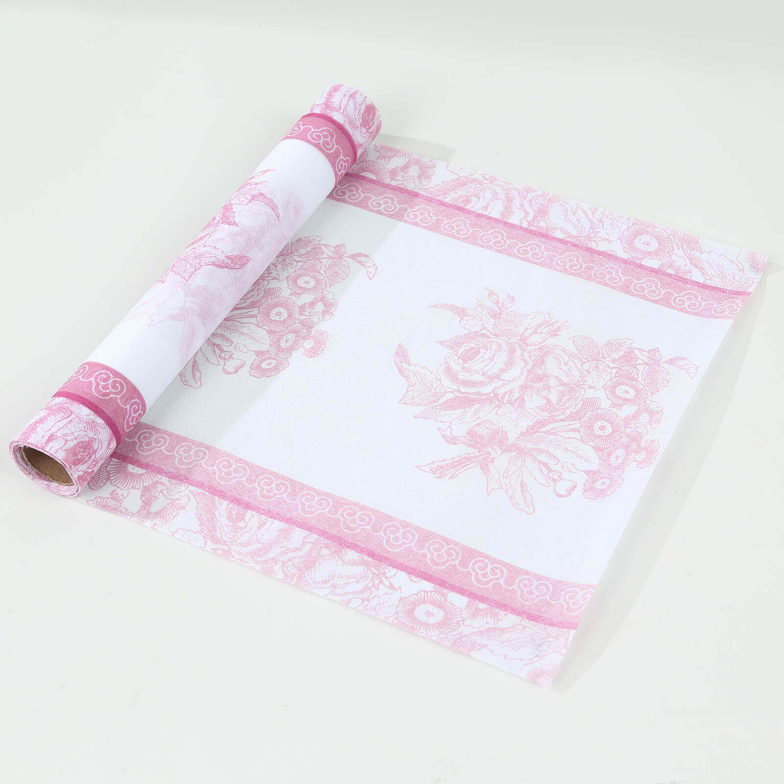 5 Pack Disposable Table Runners 11x108 White with Pink Floral Pattern - Non-woven Stylish Kitchen Dining Table Decor