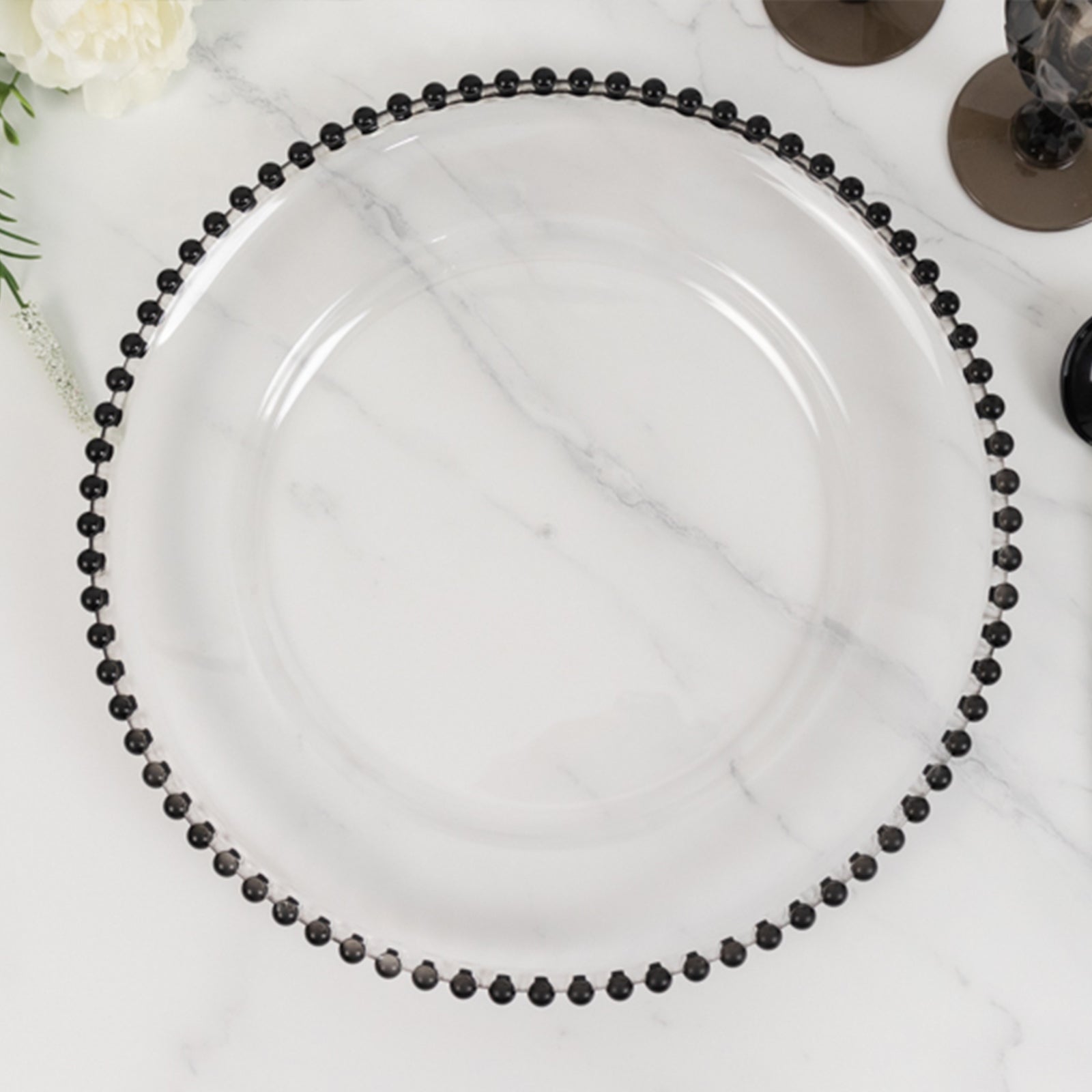 6-Pack Acrylic Round Charger Plates 13 in Clear with Black Beaded Rim, Decorative Dinner Party Charger Tableware