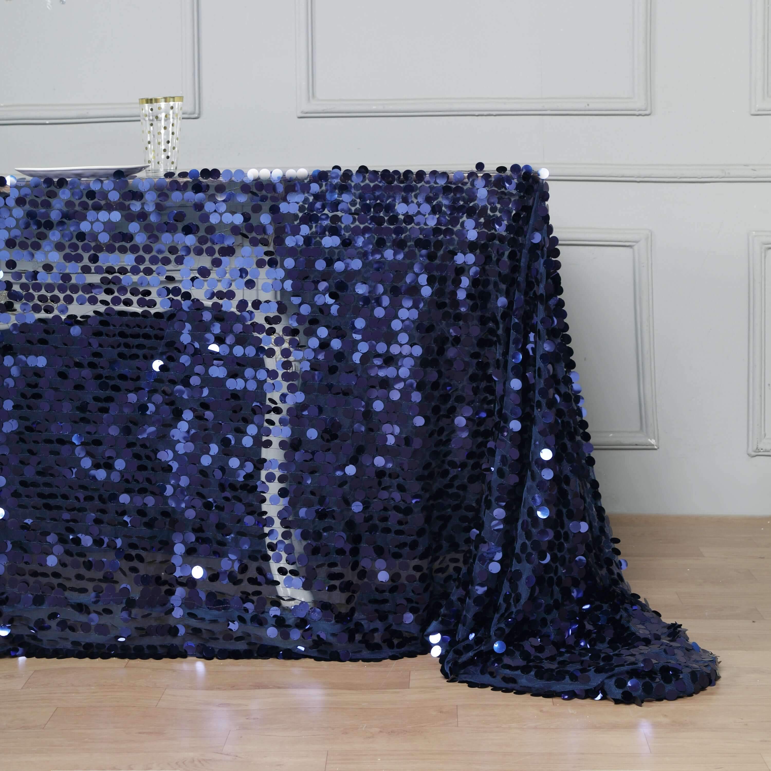 Sequin 90x132 Rectangle Tablecloth Navy Blue - Seamless Big Payette Table Cover