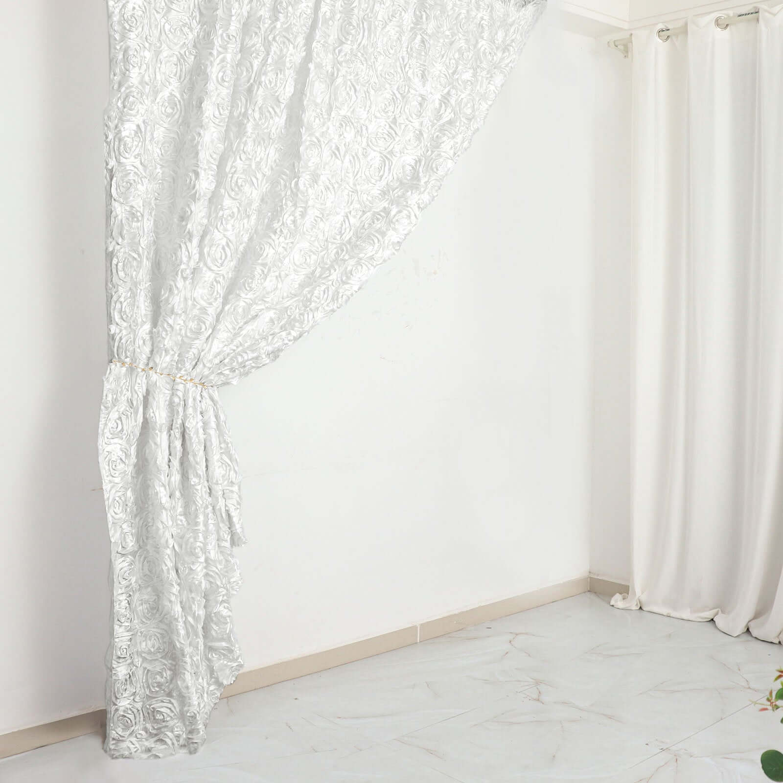 8ftx8ft White Satin Rosette Event Curtain Drapes, Backdrop Event Panel