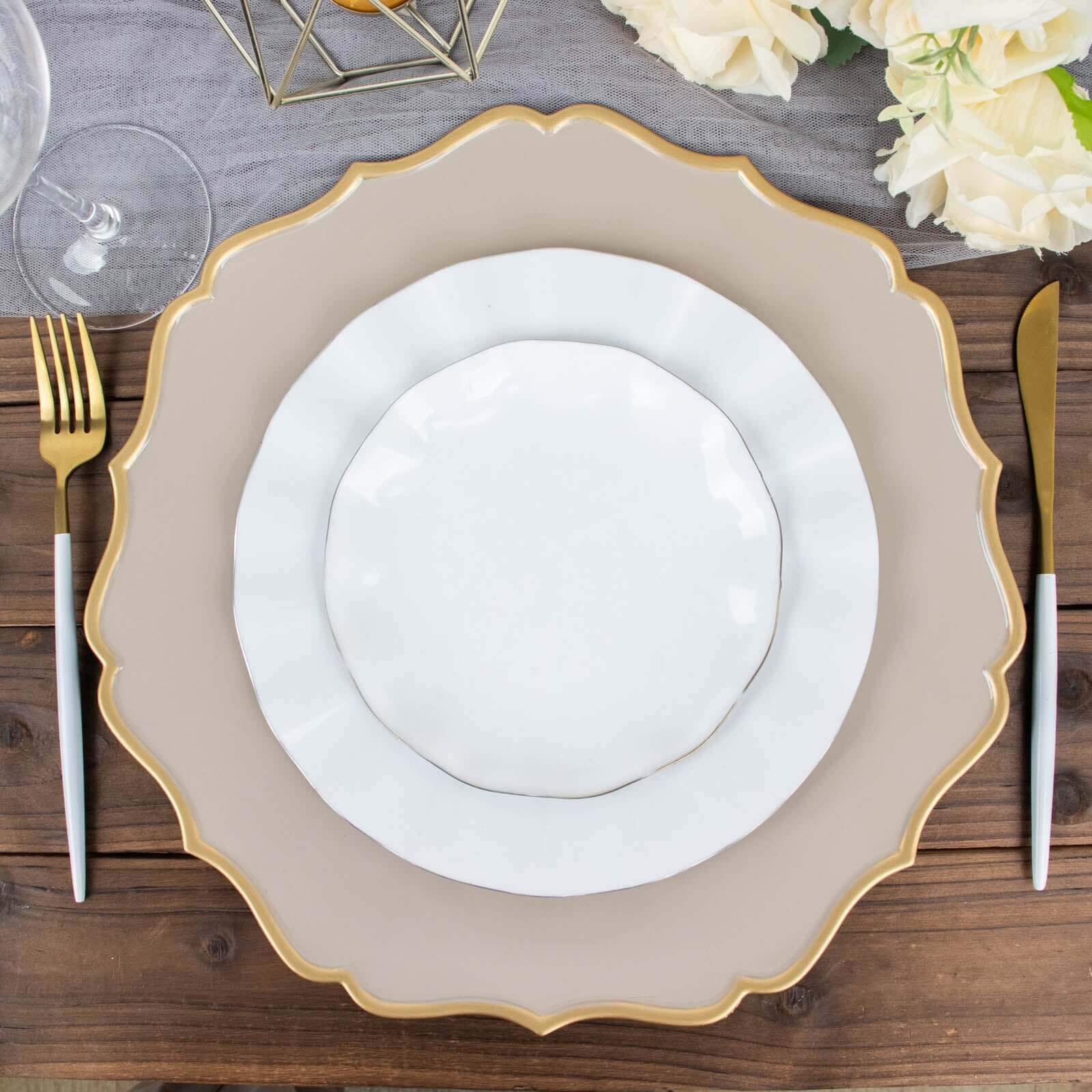 6-Pack Acrylic Round Charger Plates 13 in Taupe with Gold Scalloped Rim, Decorative Dinner Party Plastic Charger Tableware