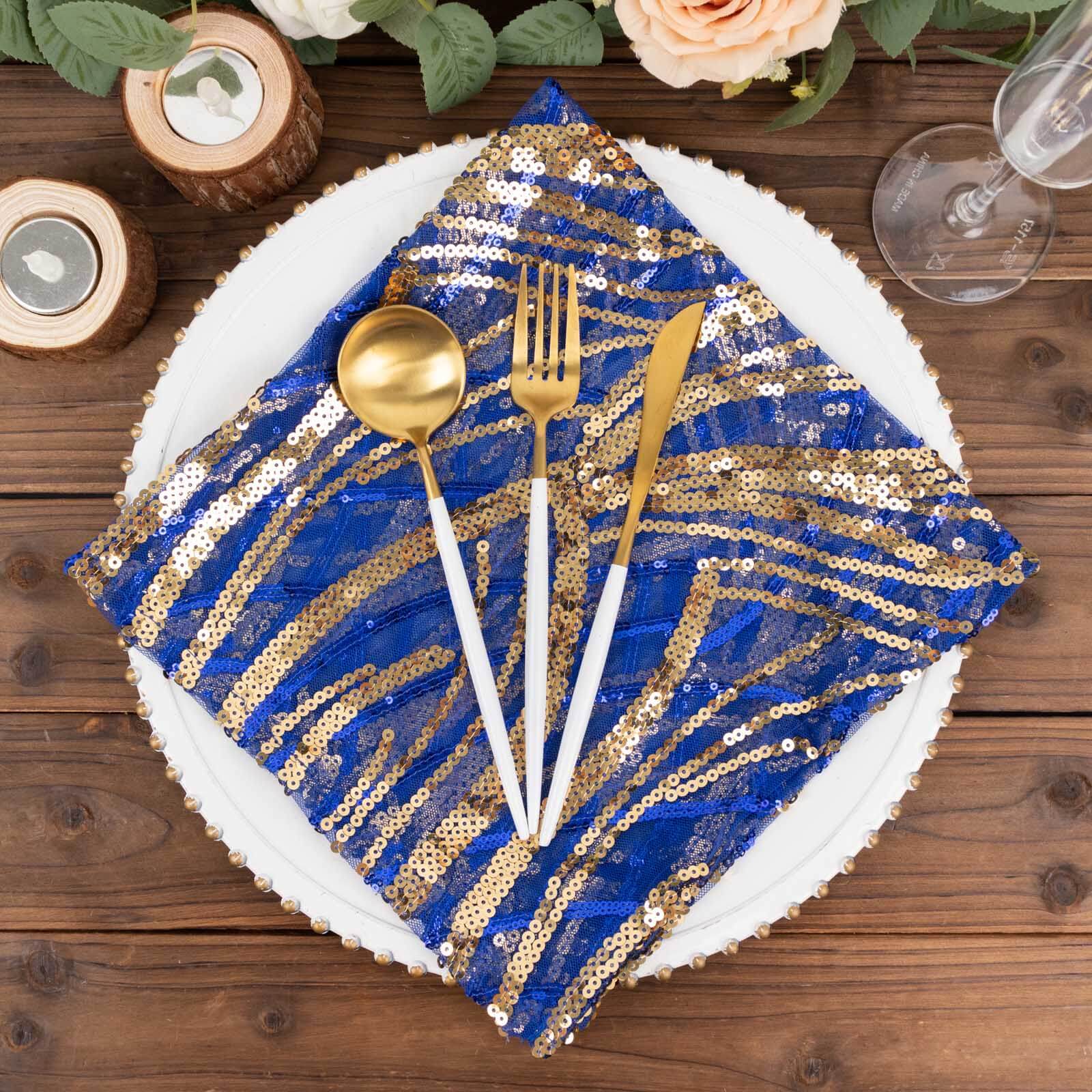 Sequin Mesh 20x20 Napkin Royal Blue Gold - Wave Embroidered Reusable Napkin