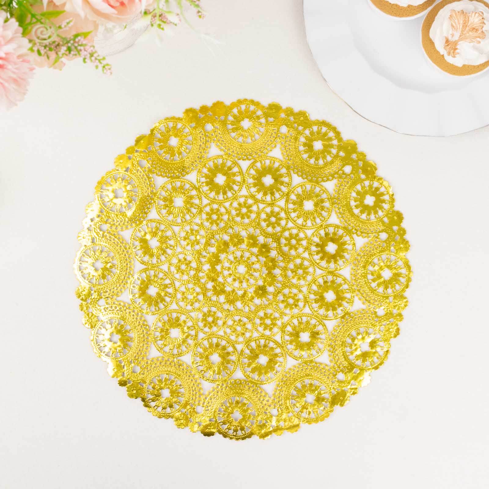 50-Pack Paper 12 Round Placemats in Metallic Gold - Disposable 50GSM Lace Doilies with Medallion Style for Dessert Display & Table Decor