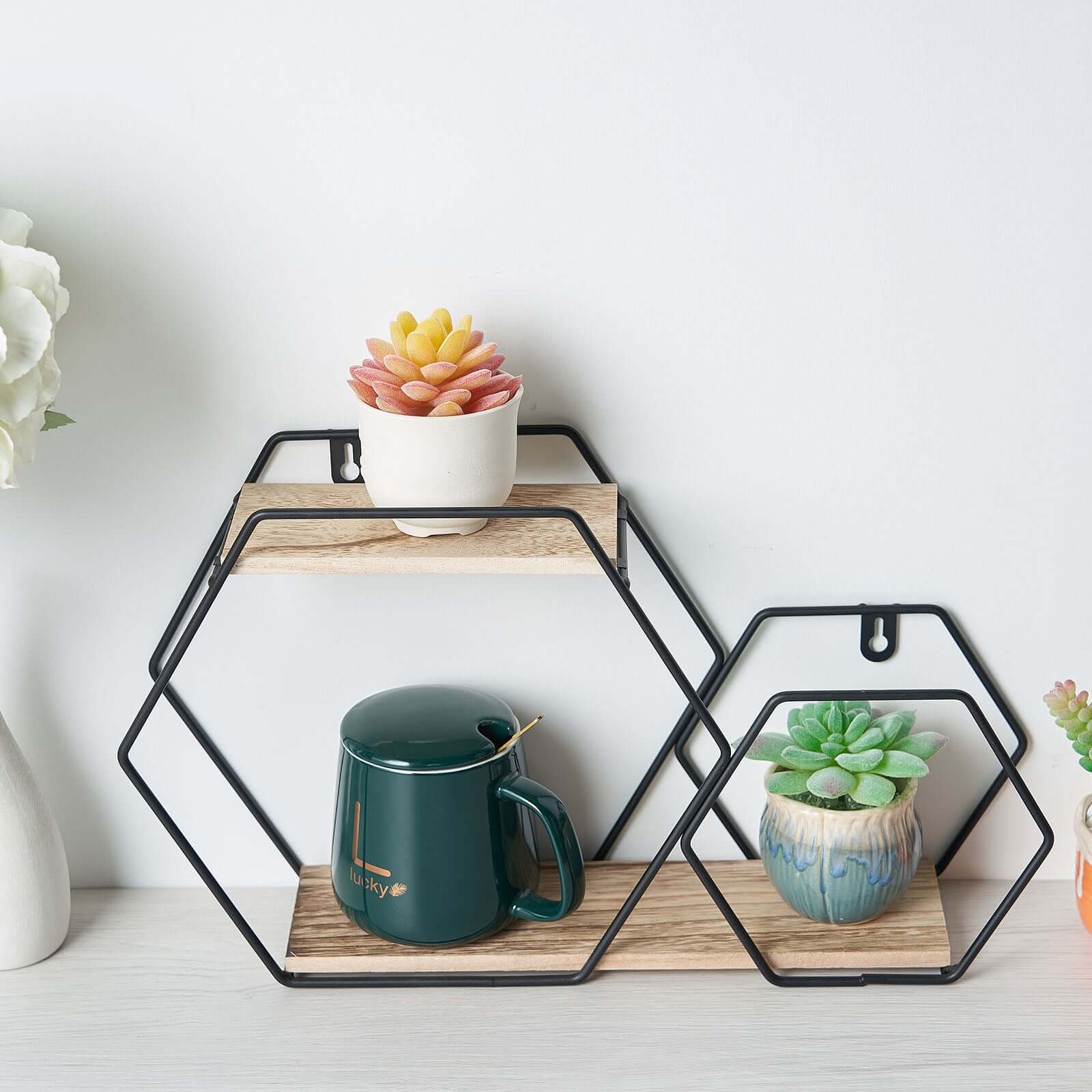 10x17 2-Tier Hexagon Floating Shelf, Dessert Display Stand With Black Double Geometric Design