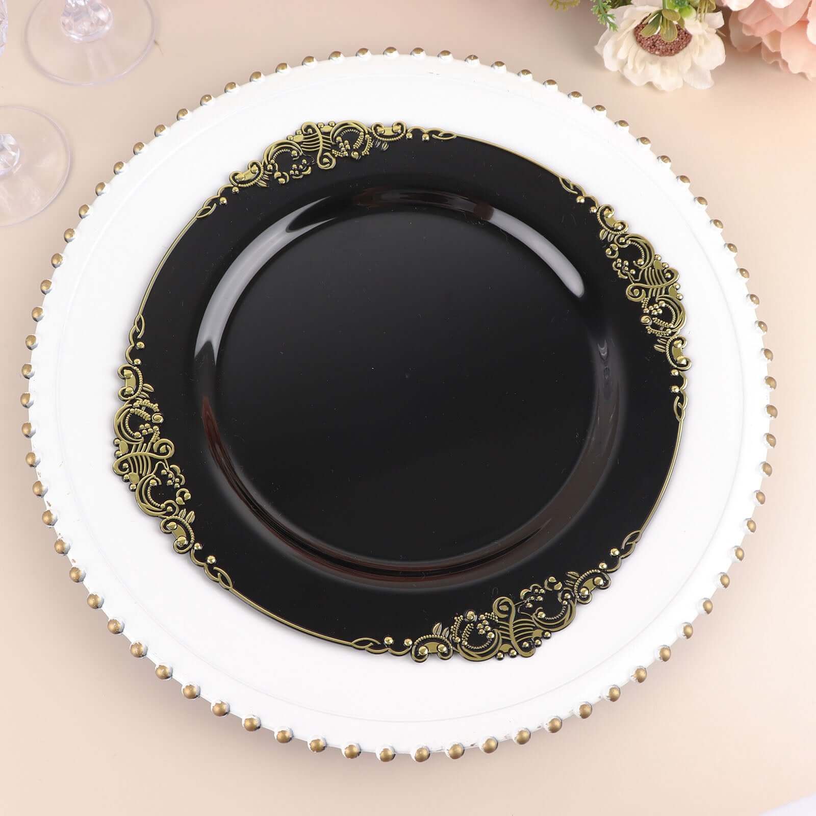 10-Pack Plastic 10 Round Dinner Plates in Black with Gold Leaf Embossed Rim - Disposable Vintage Baroque Style Plates for Luxurious Gatherings & Events