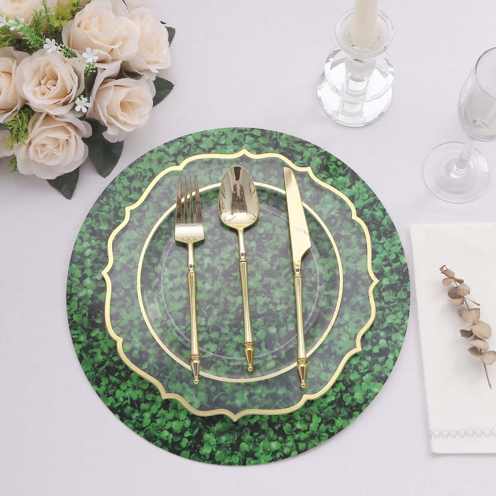 6-Pack Disposable Table Placemats in Green Boxwood Leaf Print - 700GSM Cardboard Placemats for Forest & Garden Theme Party Decor 13