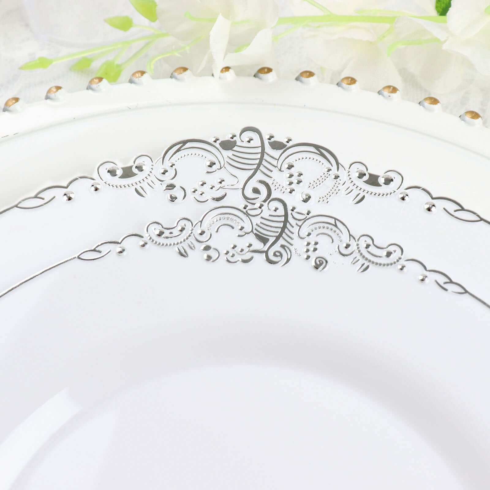 10-Pack Plastic 10 Round Dinner Plates in White with Silver Leaf Embossed Rim - Disposable Vintage Baroque Style Plates