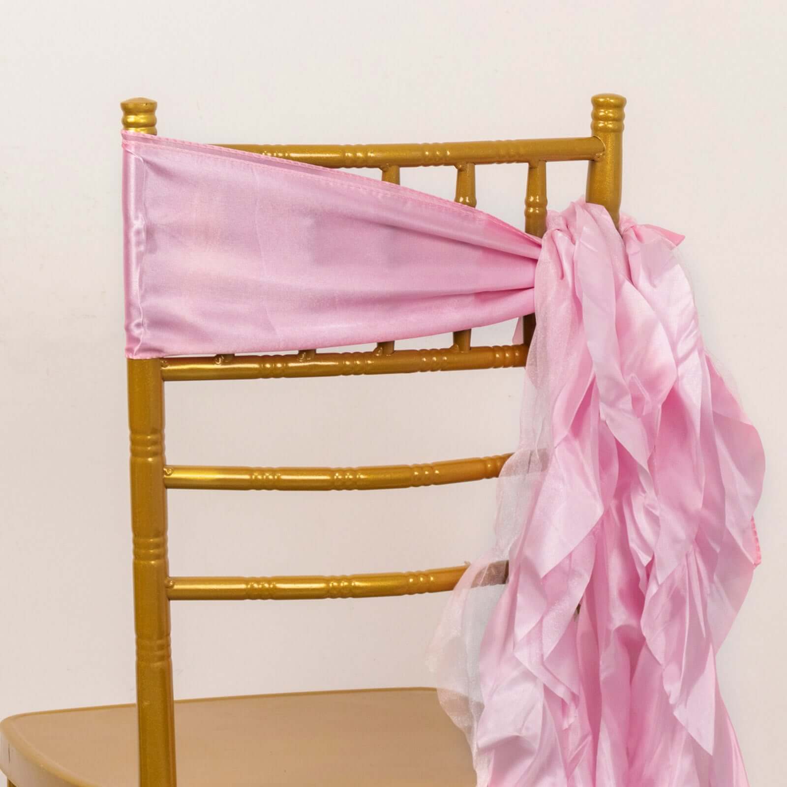 5 Pack Chiffon Satin Chair Sashes Pink - Easy to Install Ruffled Curly Willow