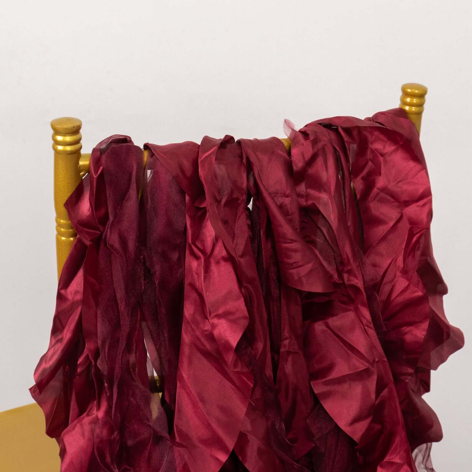 5 Pack Chiffon Satin Chair Sashes Burgundy - Easy to Install Ruffled Curly Willow