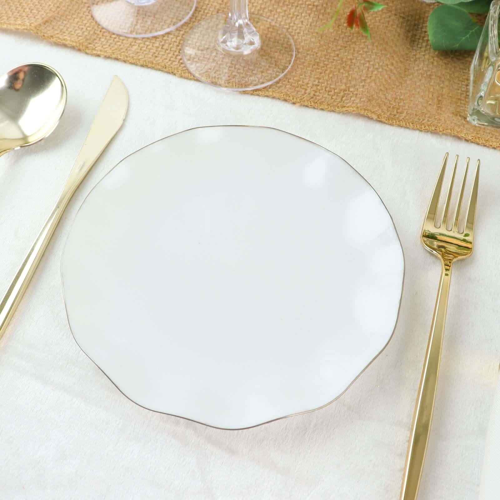 10-Pack Plastic Round 6 Dessert Plates in White Ruffled Rim with Gold Edging - Sturdy Disposable Salad Appetizer Dinnerware for Classy Events & Banquets