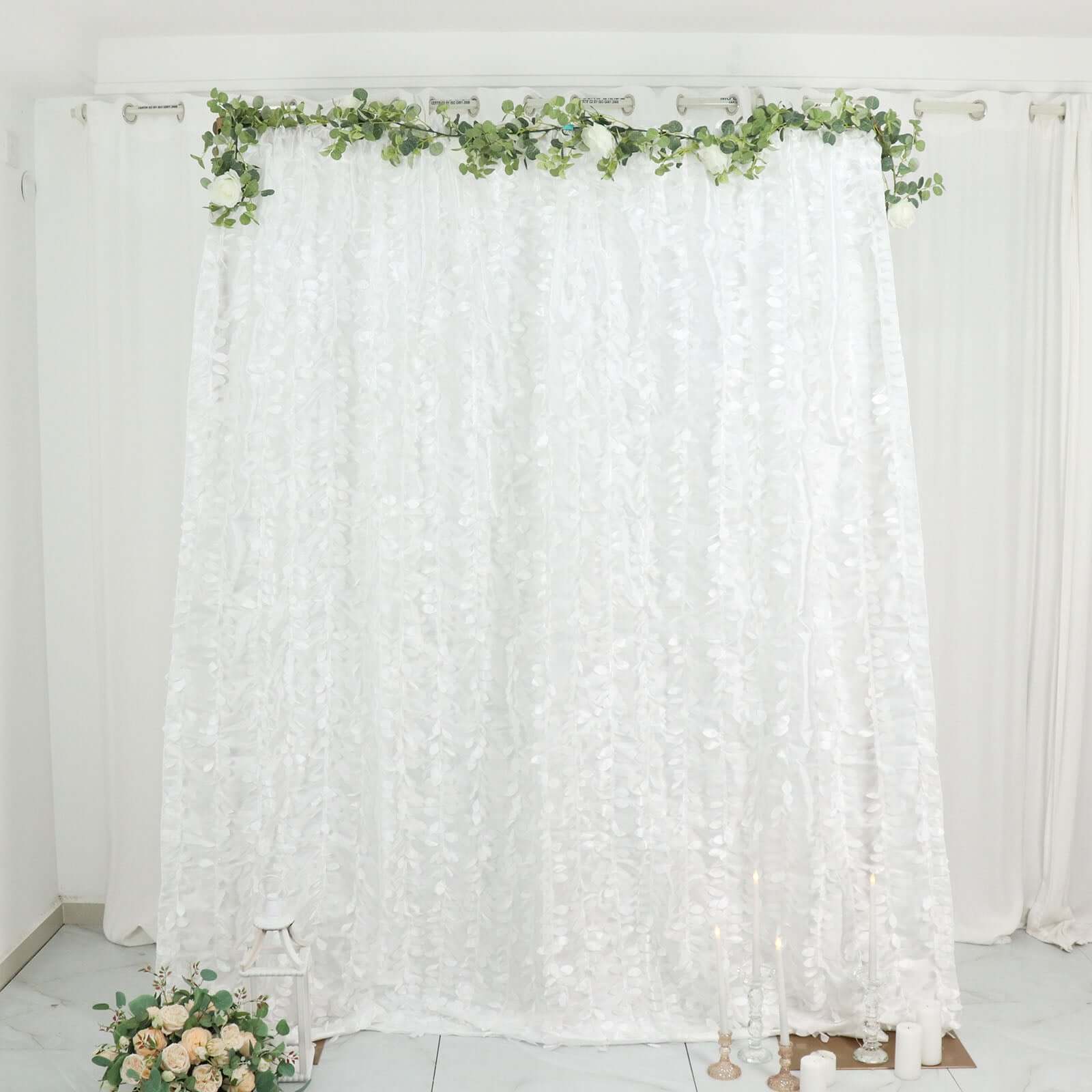 8ftx8ft White 3D Leaf Petal Taffeta Event Curtain Drapes, Backdrop Event Panel With Rod Pocket