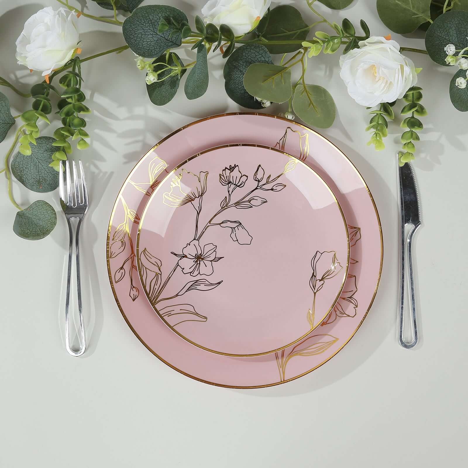 Set of 20 Plastic Round Dinner and Dessert Plates in Dusty Rose with Metallic Gold Floral Design - Stylish Disposable Dinnerware 8, 10