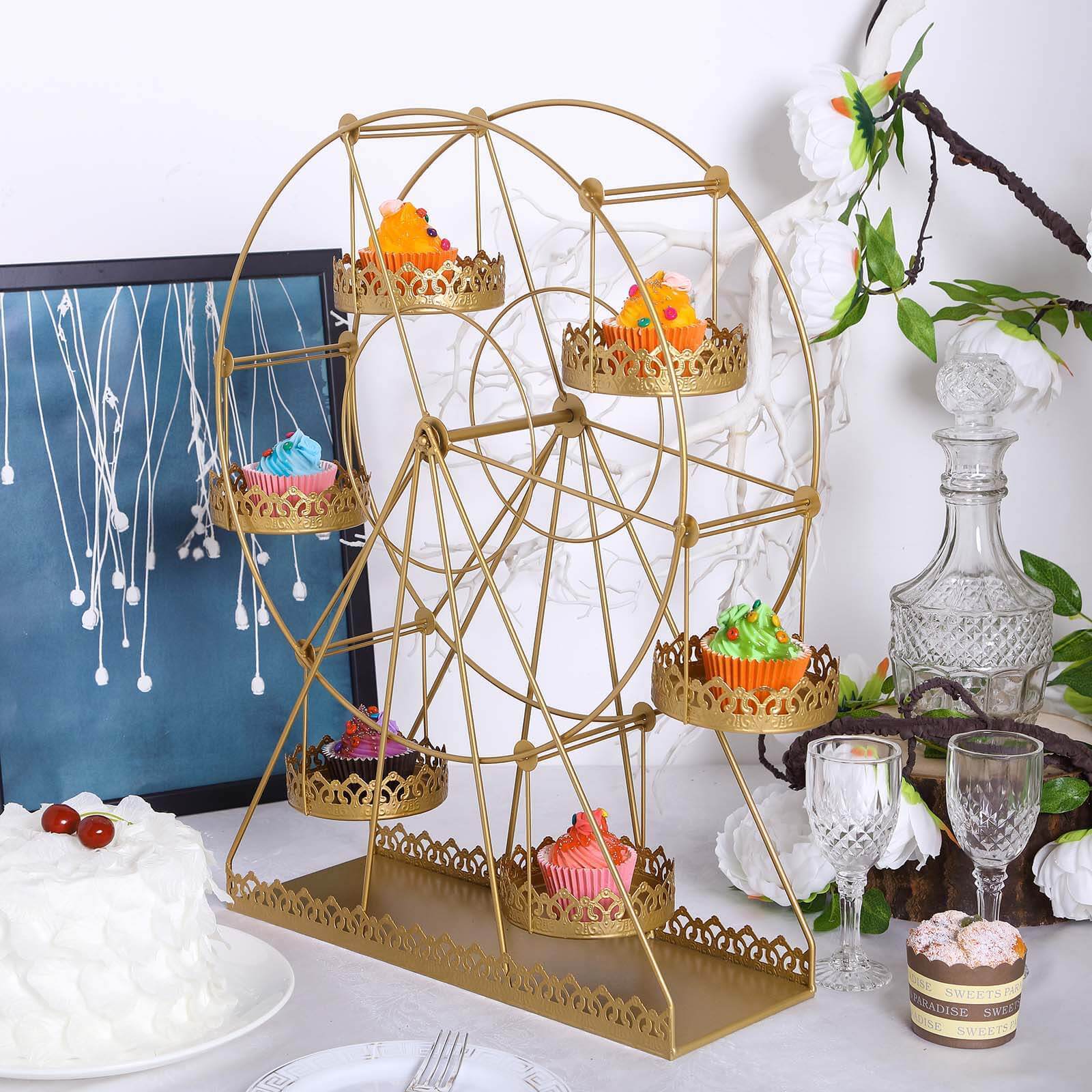 Metal Ferris Wheel Cupcake Holder Gold - Large Decorative Rotating Dessert Display Stand for Carnival-Themed Events Baby Showers & Weddings 23