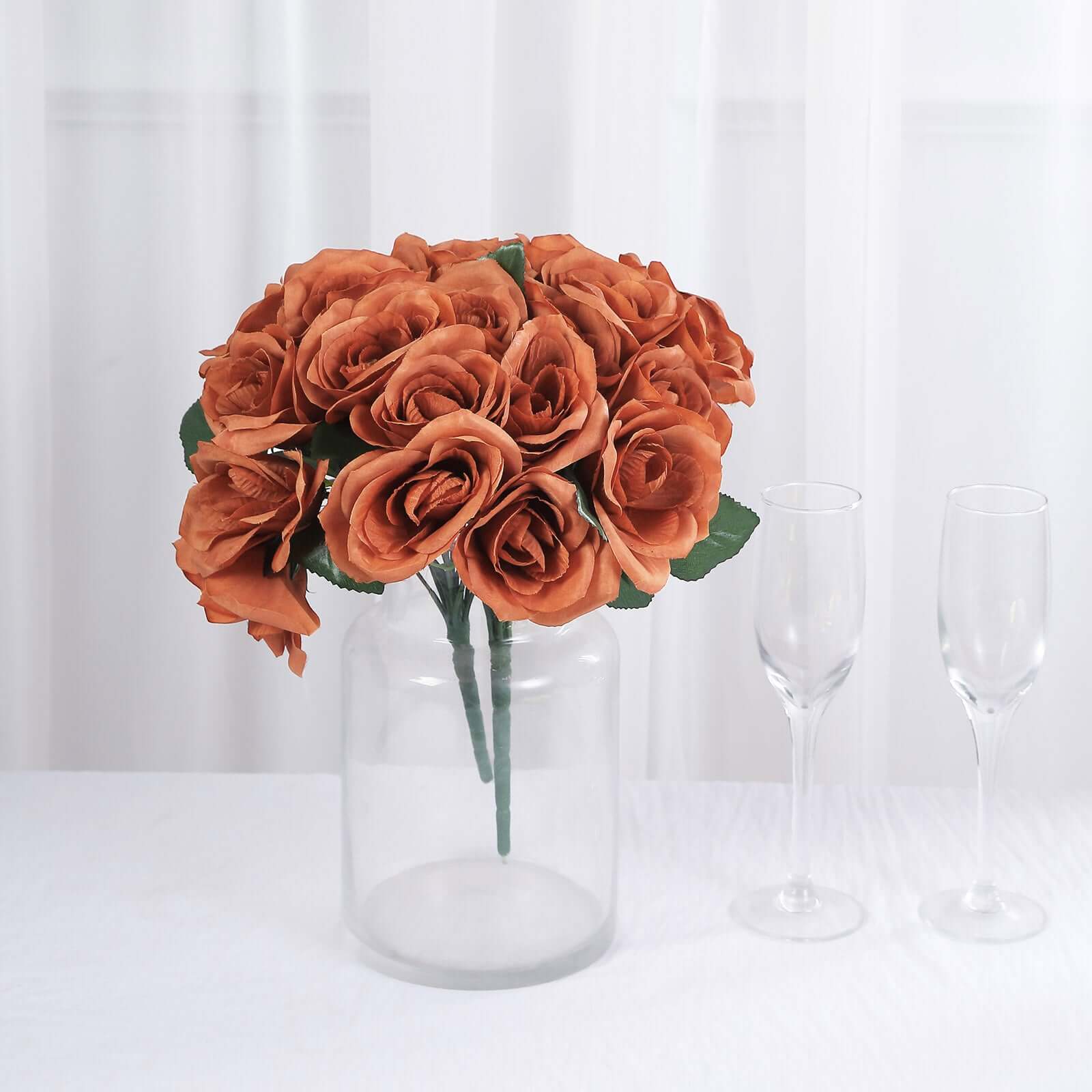 12 Terracotta (Rust) Artificial Velvet-Like Fabric Rose Flower Bouquet Bush