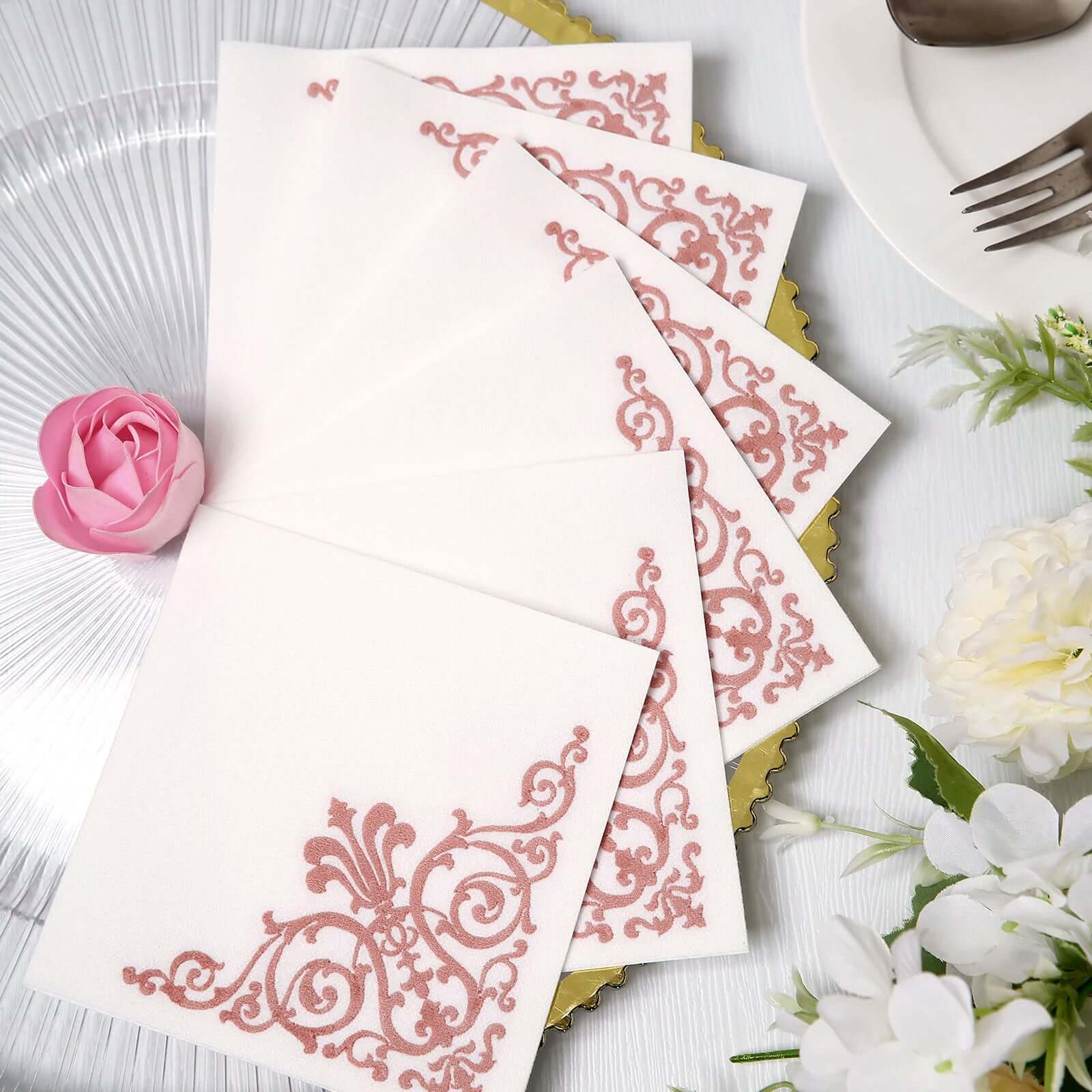 20 Pack Linen-Like Paper 5x5 Napkins White - Rose Gold Fleur Vintage Airlaid Cocktail Napkins