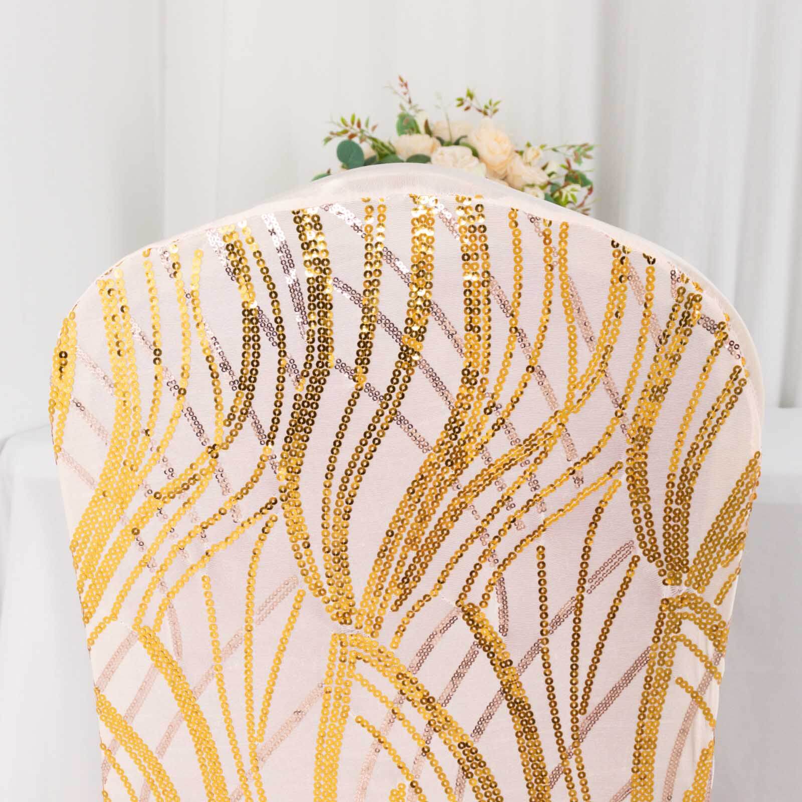 Spandex Chair Cover with Wave Embroidered Sequins for Banquet Chairs Rose Gold/Gold - Glittering Stretch Fitted Slipcover