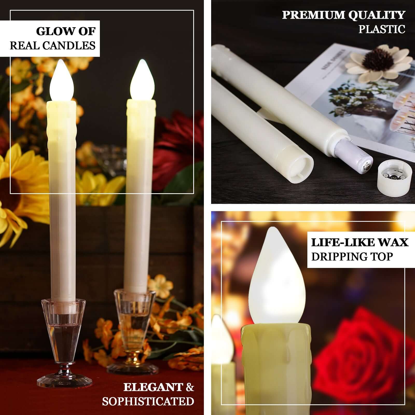 3-Pack LED Flameless Lighting Wax Drip Textured White - Battery Operated Taper Candles 9