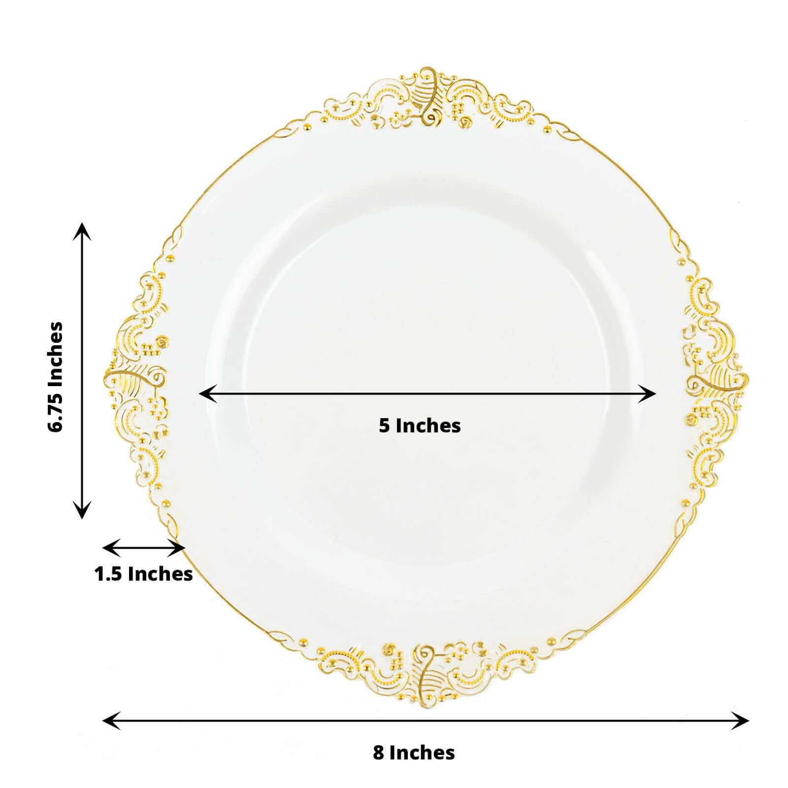 10-Pack Plastic 8 Round Dessert Plates in White with Gold Leaf Embossed Rim - Disposable Vintage Baroque Style Salad Plates for Luxurious Gatherings & Events