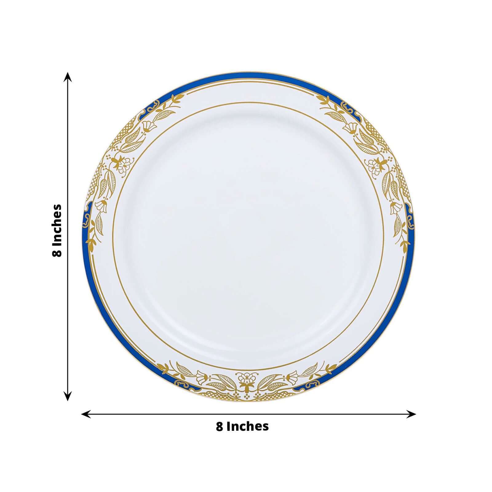 10-Pack Plastic 8 Round Dessert Plates in White with Royal Blue Rim - Stylish Gold Vine Design Disposable Salad/Appetizer Plates for Special Occasions & Celebrations