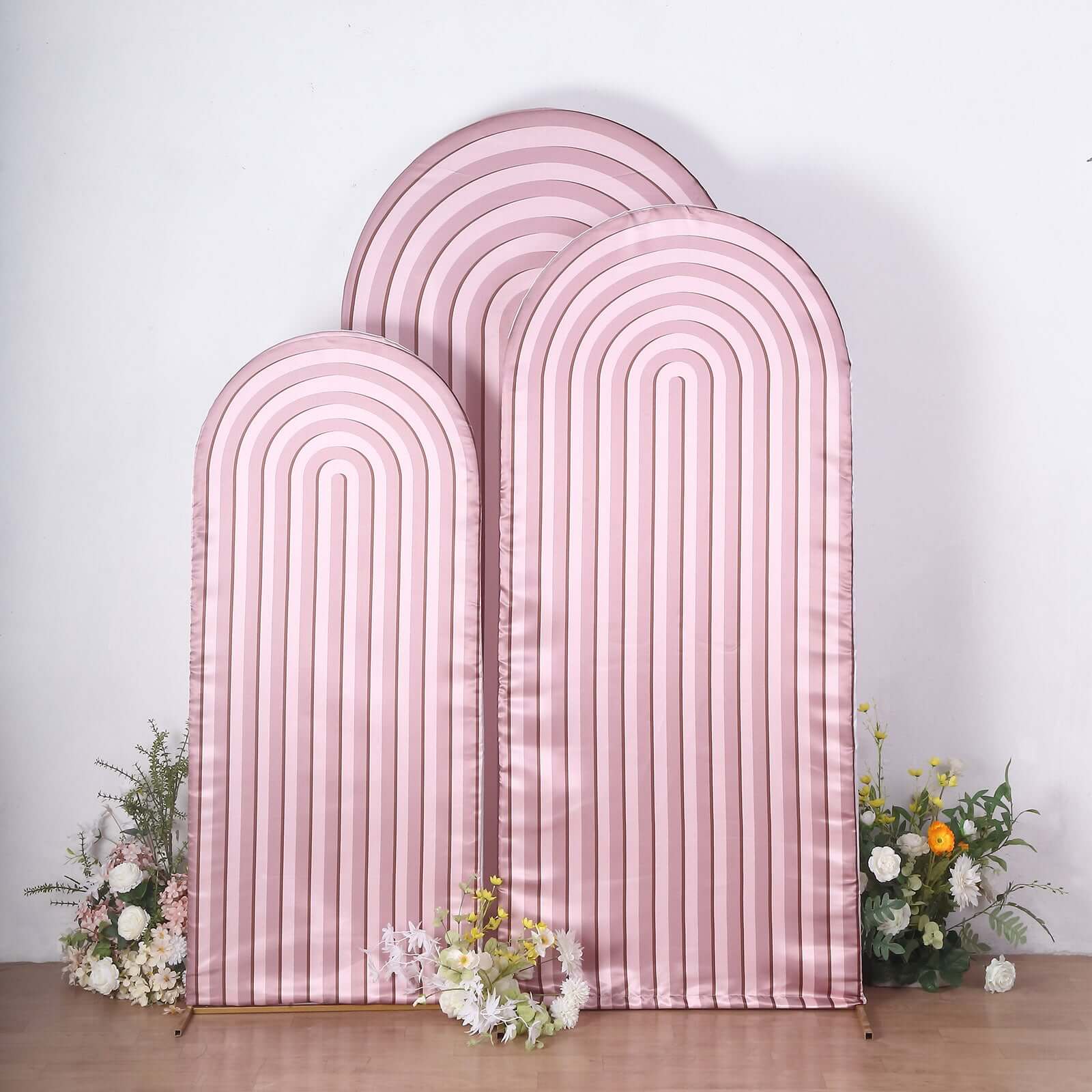 Set of 3 Dusty Rose Ripple Satin Chiara Wedding Arch Covers, Fitted Covers For Round Top Backdrop Stands - 5ft,6ft,7ft