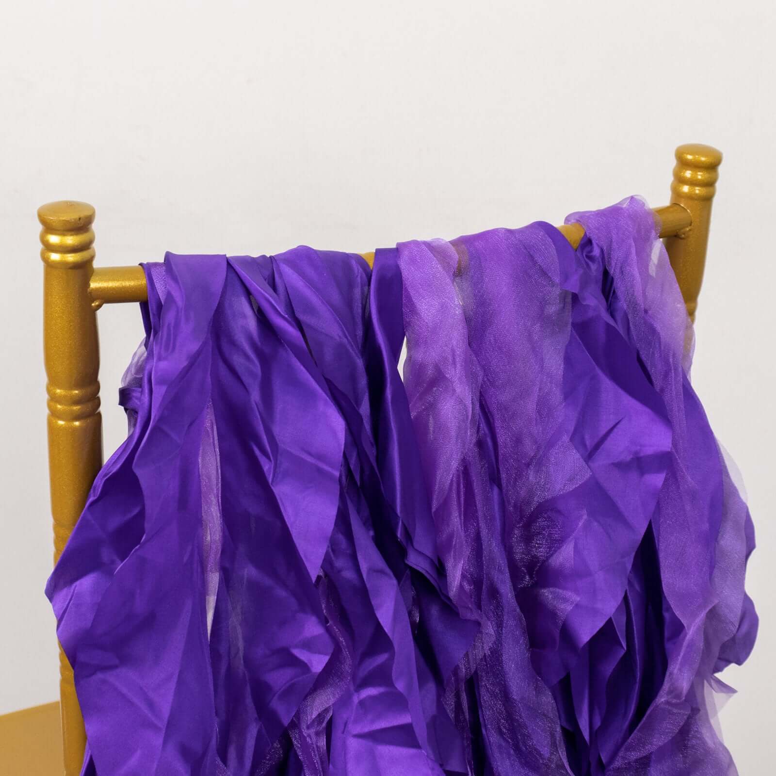 5 Pack Chiffon Satin Chair Sashes Purple - Easy to Install Ruffled Curly Willow