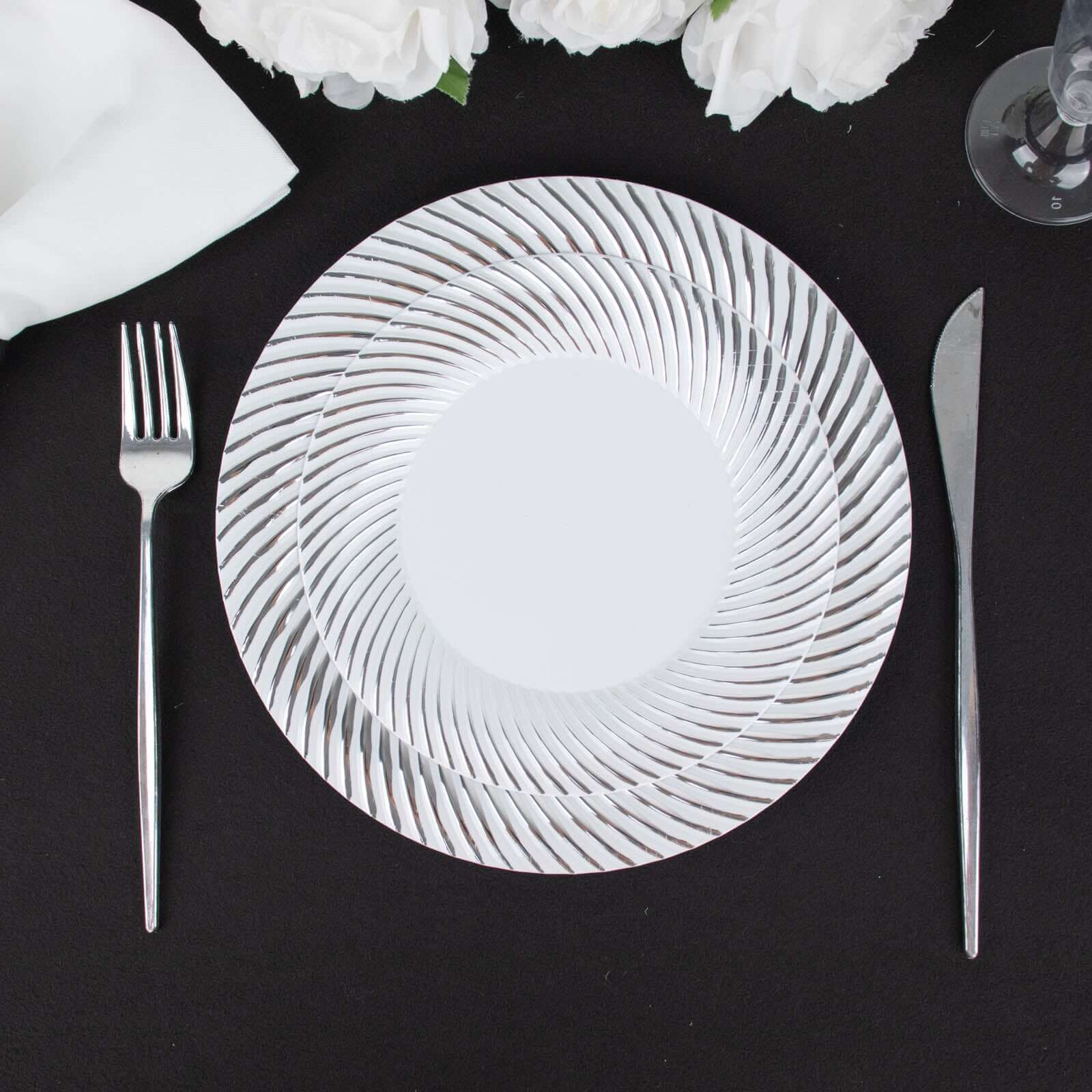 10-Pack Plastic 7 Round Dessert Plates in White with Silver Swirl Rim - Disposable Salad Plates