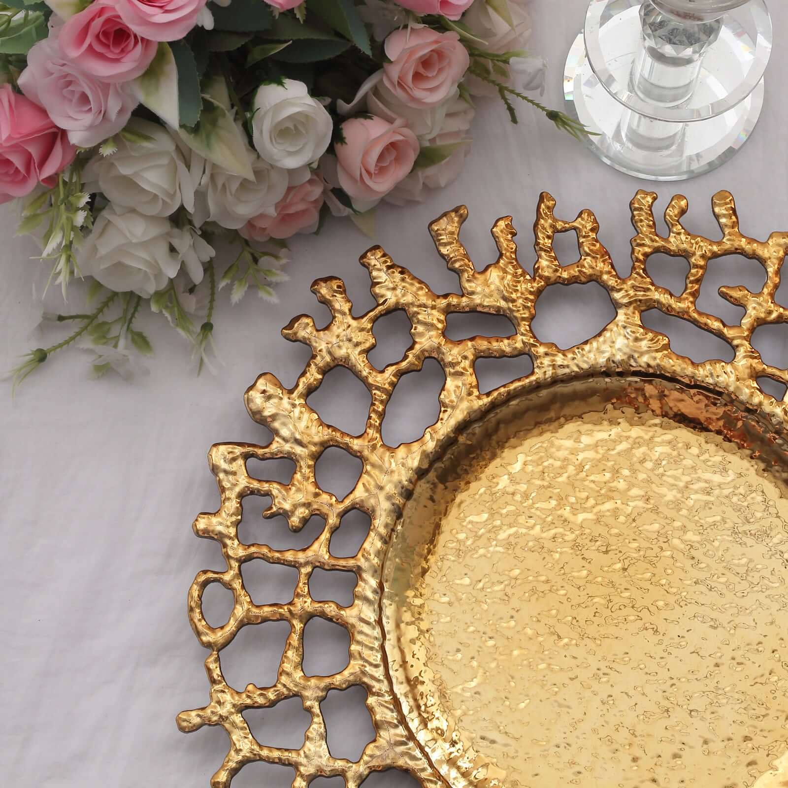 6-Pack Acrylic Round Charger Plates 13 in Gold with Molten Branch Design, Plastic Hollow Lace Decorative Dinner Party Charger Tableware