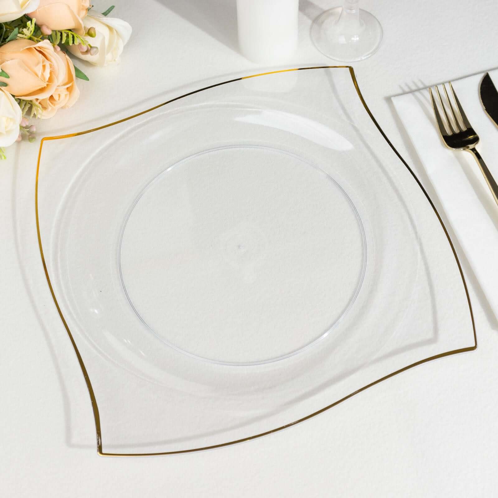 10-Pack Plastic 10 Square Dinner Plates in Clear with Gold Wavy Rim Modern - Disposable Party Plates