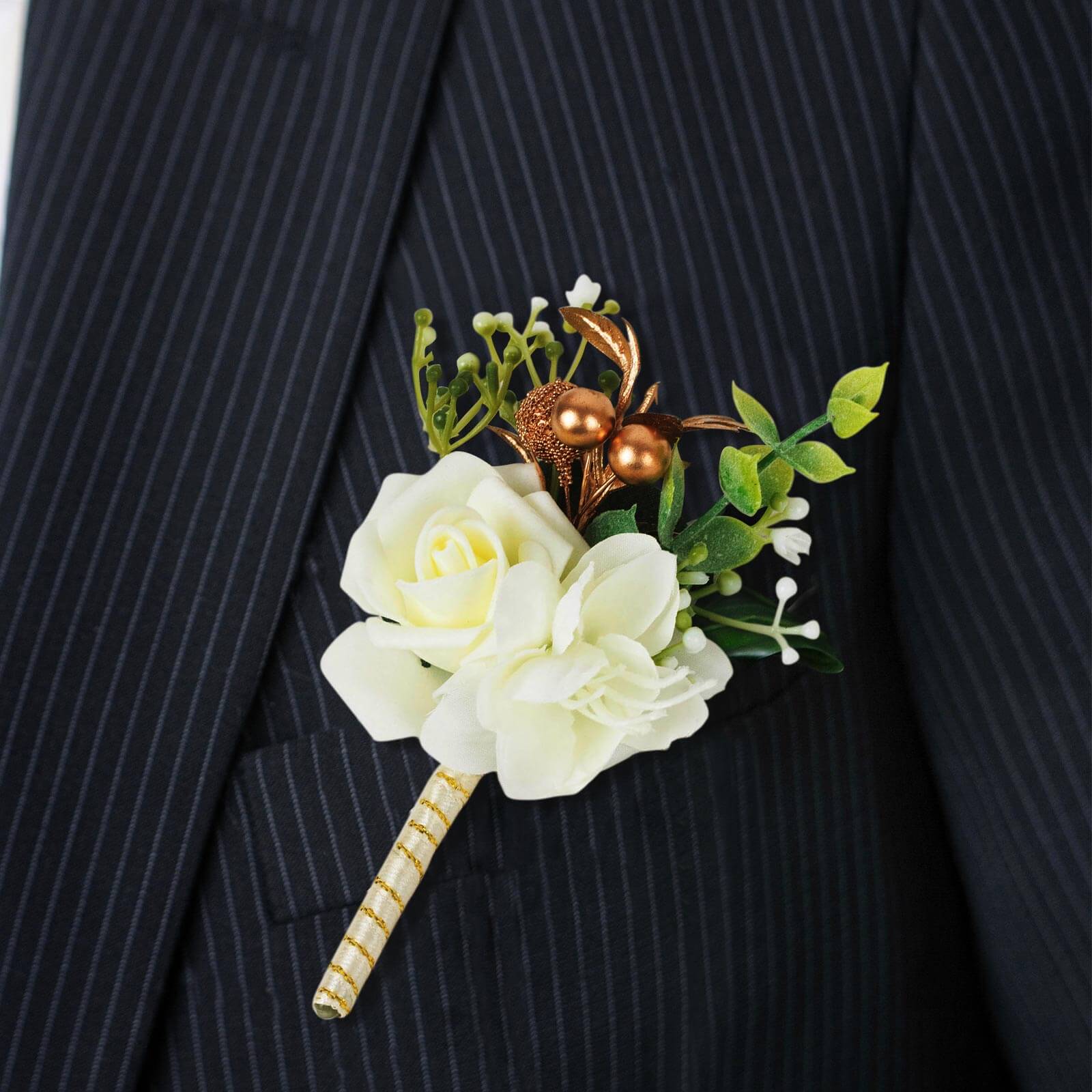 2 Pack White Artificial Rose Boutonniere With Pin, 5 Real Touch Silk Flower Pocket Square