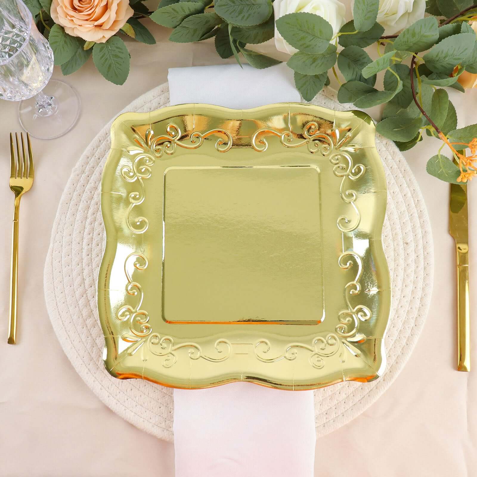 25-Pack Paper 11 Square Dinner Plates in Gold with Vintage Pottery Embossed Design - Shiny Metallic Disposable Serving Plates for Glamorous Dinners & Events