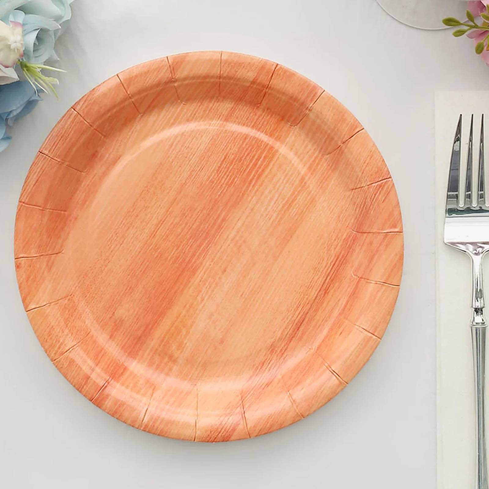 25-Pack Paper 7 Round Dessert Plates in Natural Wood Grain Print - Disposable Appetizer Salad Plates for Rustic Farmhouse Style Events