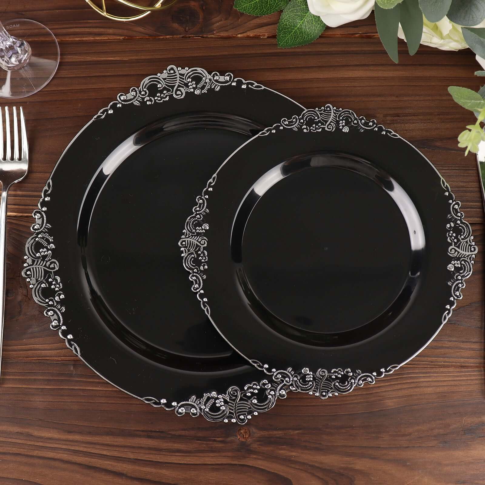 10-Pack Plastic 8 Round Dessert Plates in Black with Silver Leaf Embossed Rim - Disposable Vintage Baroque Style Salad Plates