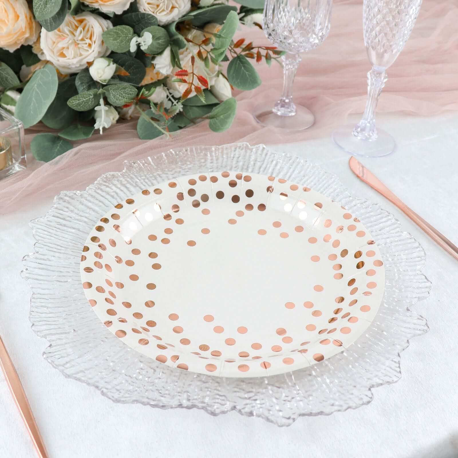 25-Pack Paper Round Dinner Plates 9 White with Metallic Rose Gold Polka Dots - Disposable 300GSM Party Plates for Banquets & Celebrations